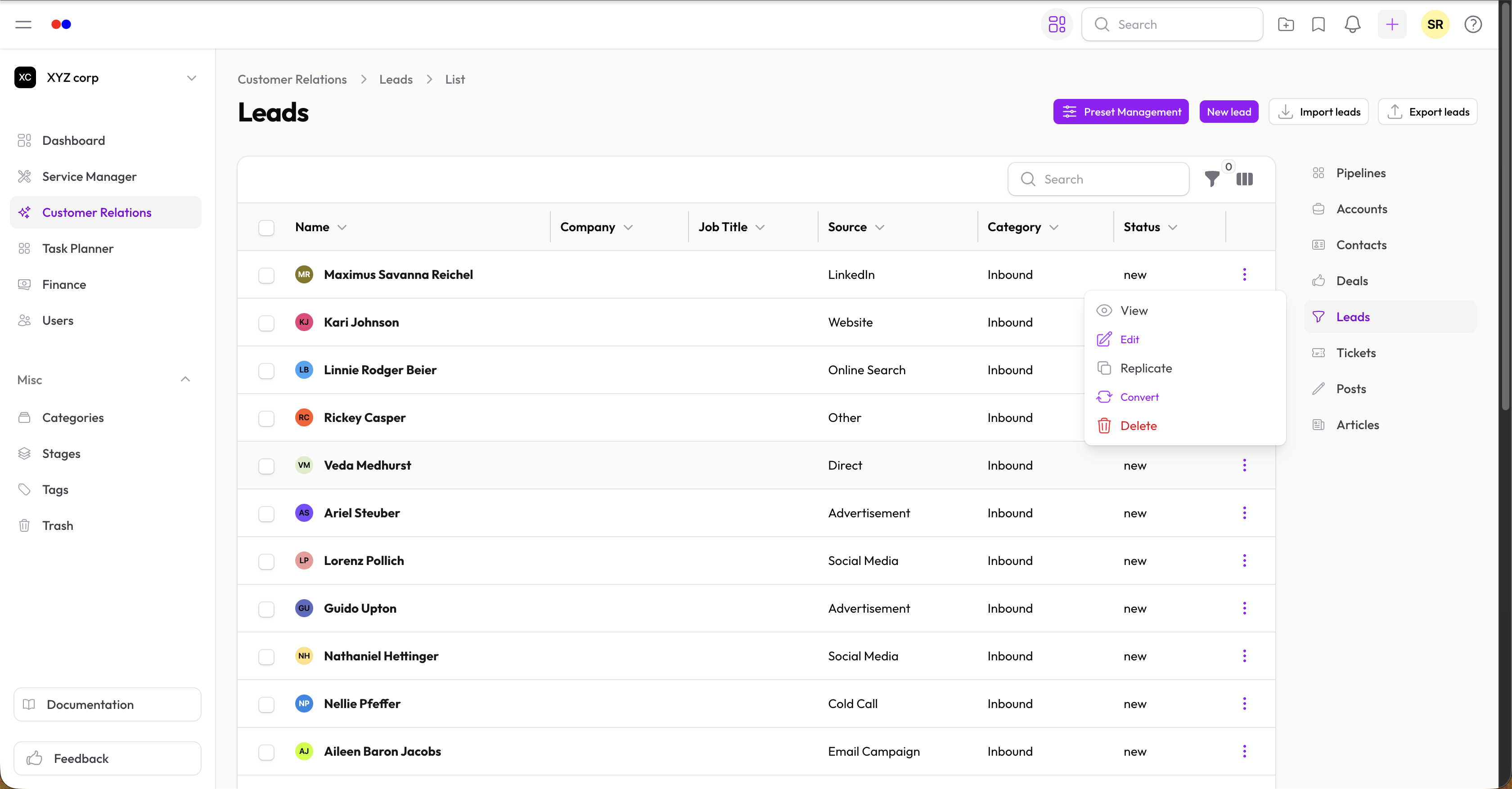 Leads list with Convert action in row menu