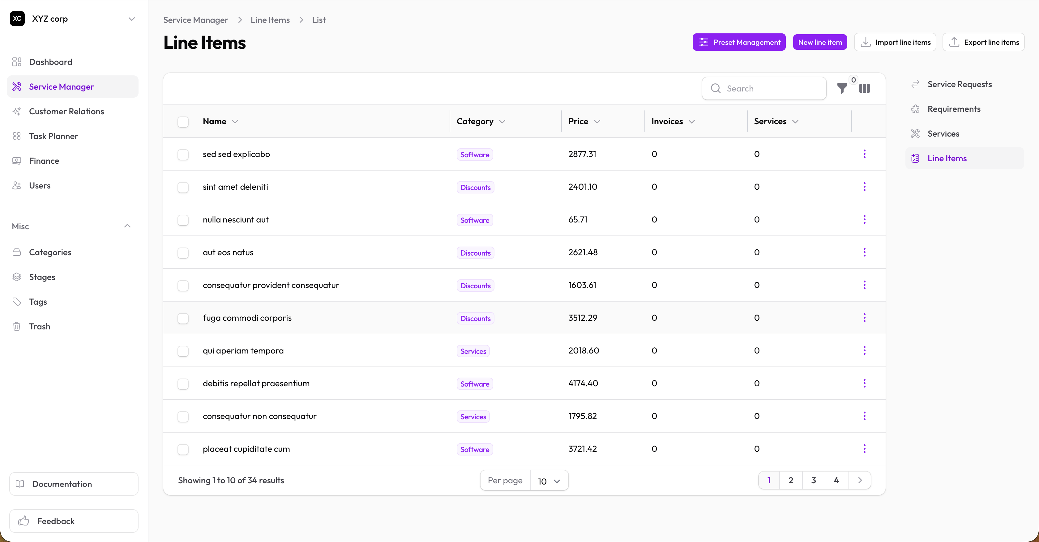 Line items list showing name, category, and price