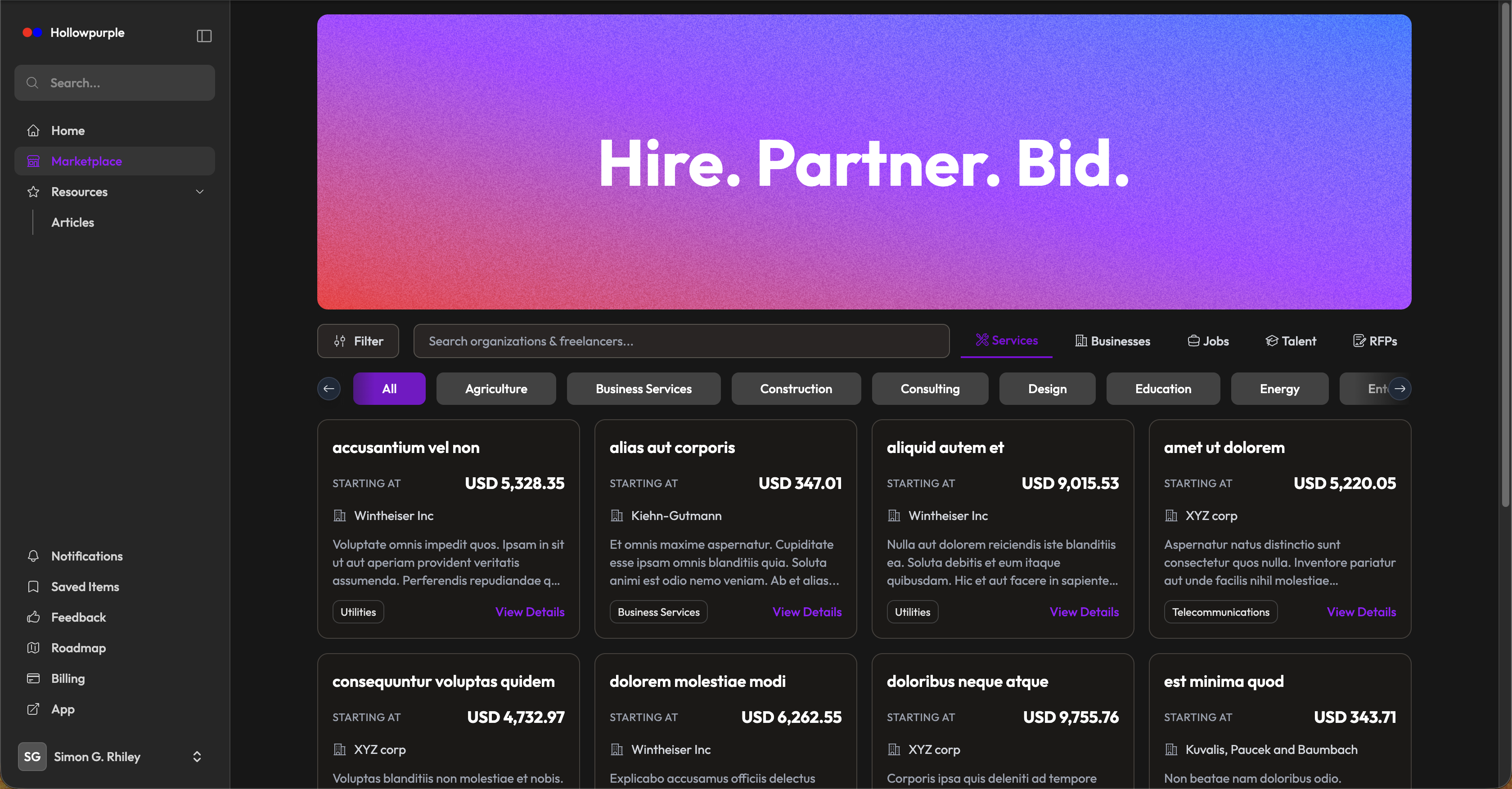 Marketplace listing with service cards