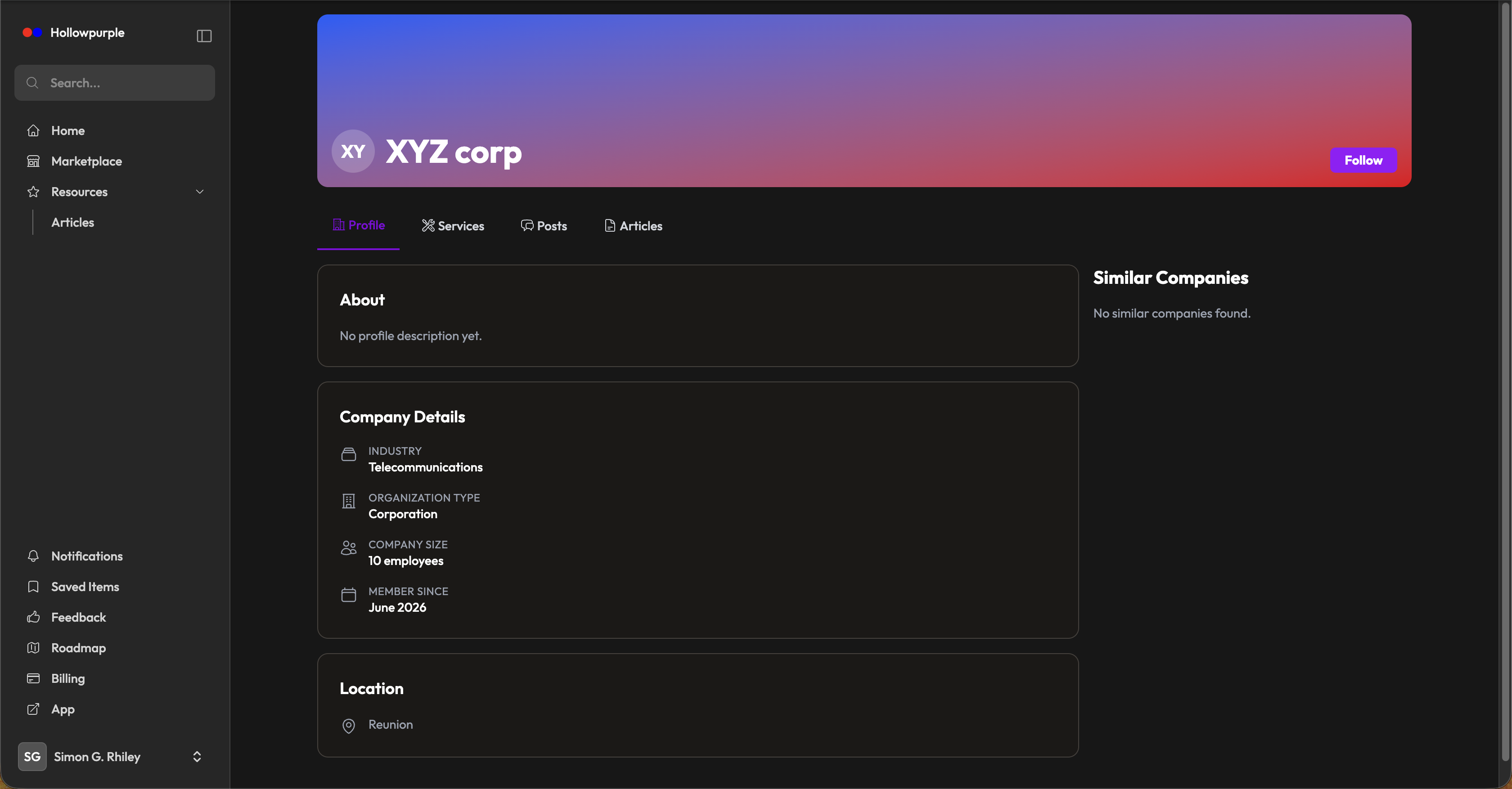 Organization profile on the marketplace with services, opening hours, and about section