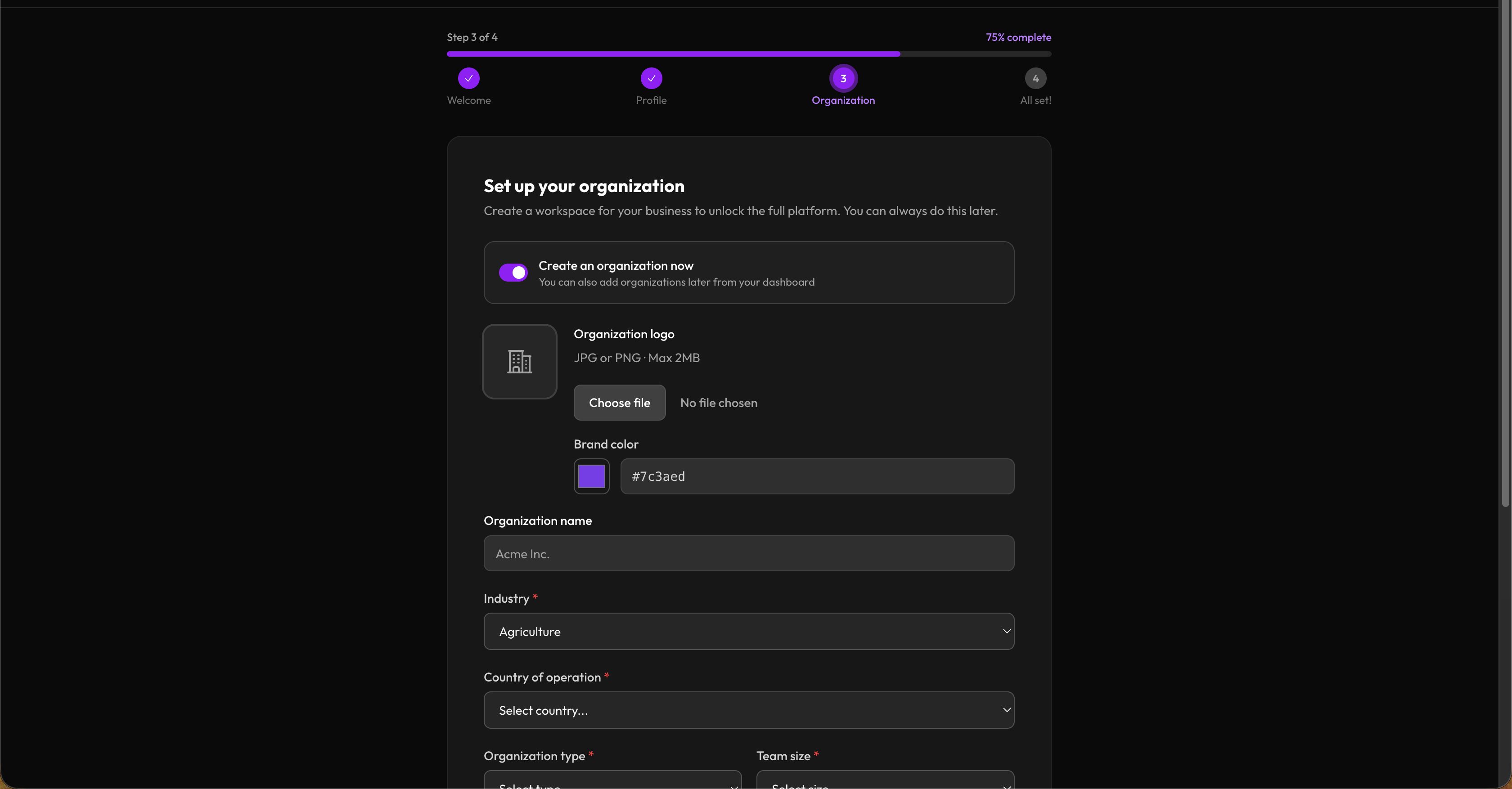 Organization setup step with industry and team fields