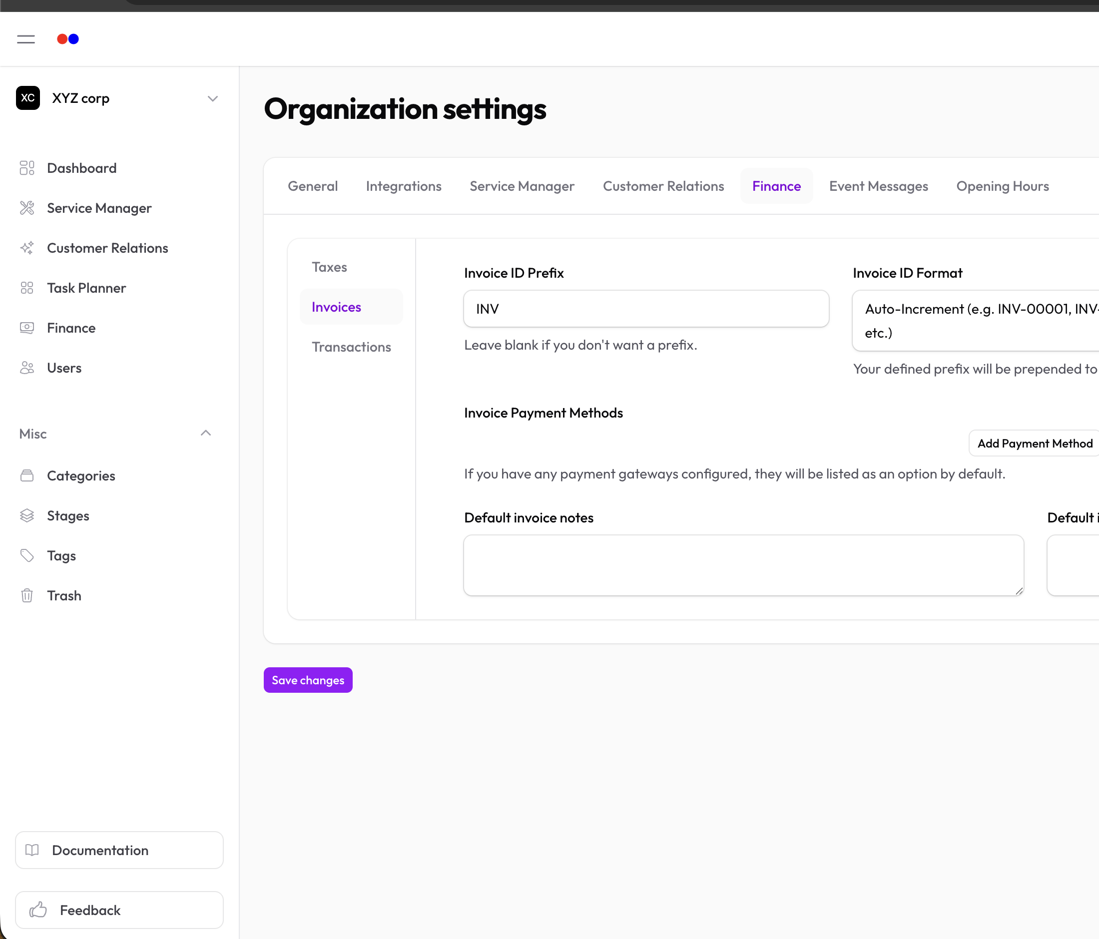 Finance settings — Invoices tab with prefix, format, levies, and payment methods