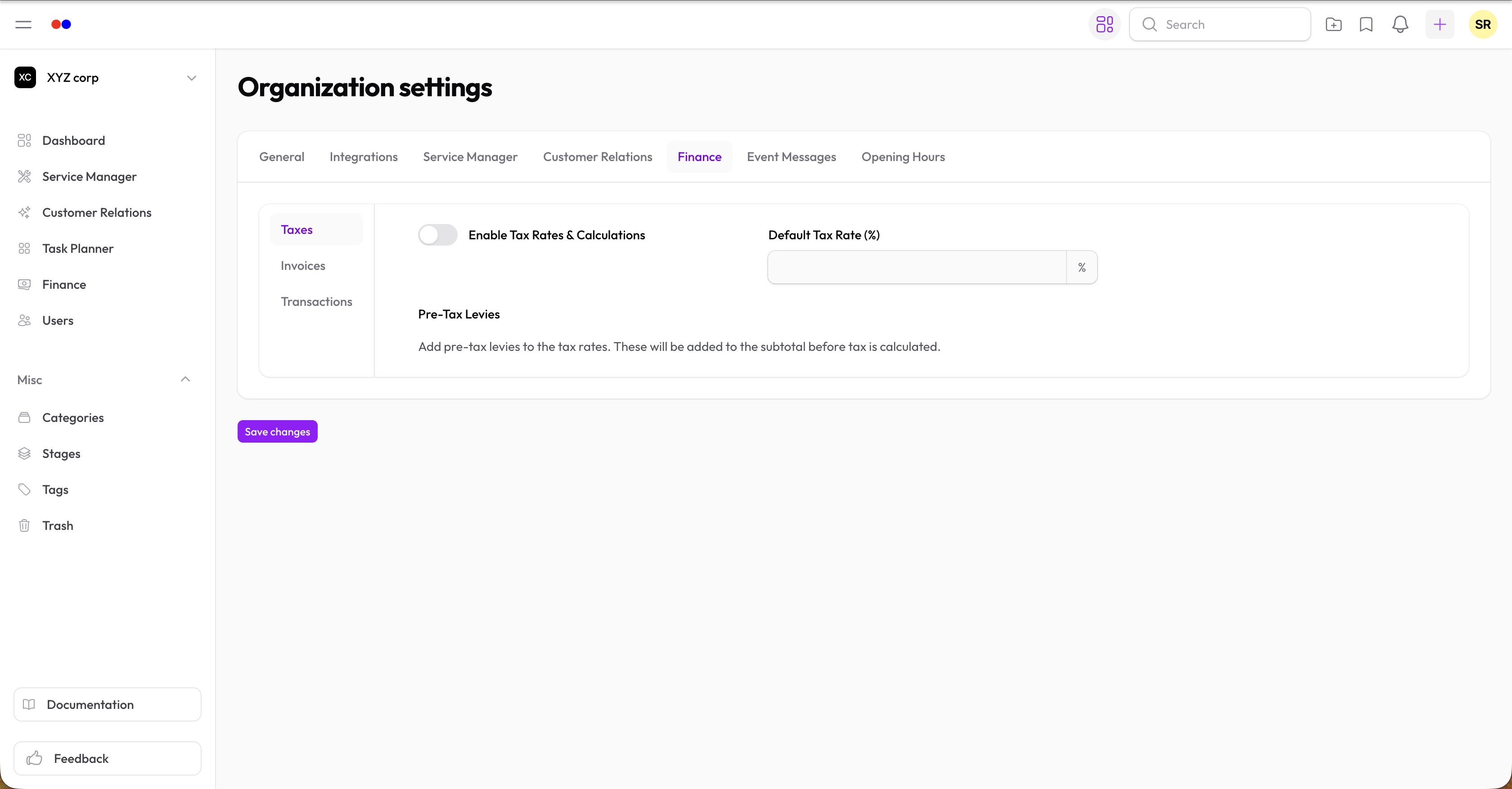 Finance settings — Taxes tab with tax rate and levies