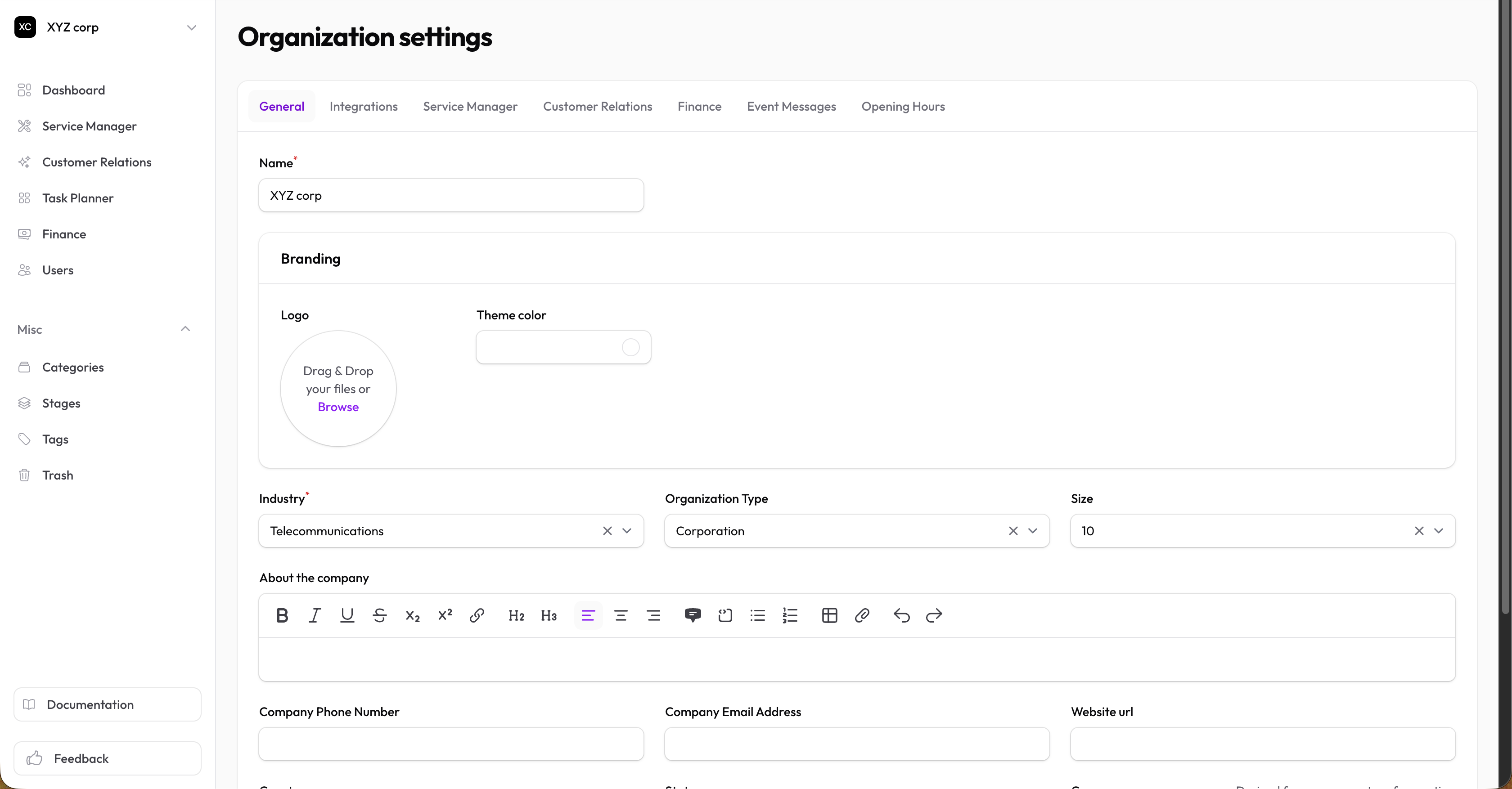 General settings tab with logo, brand color, industry, and type