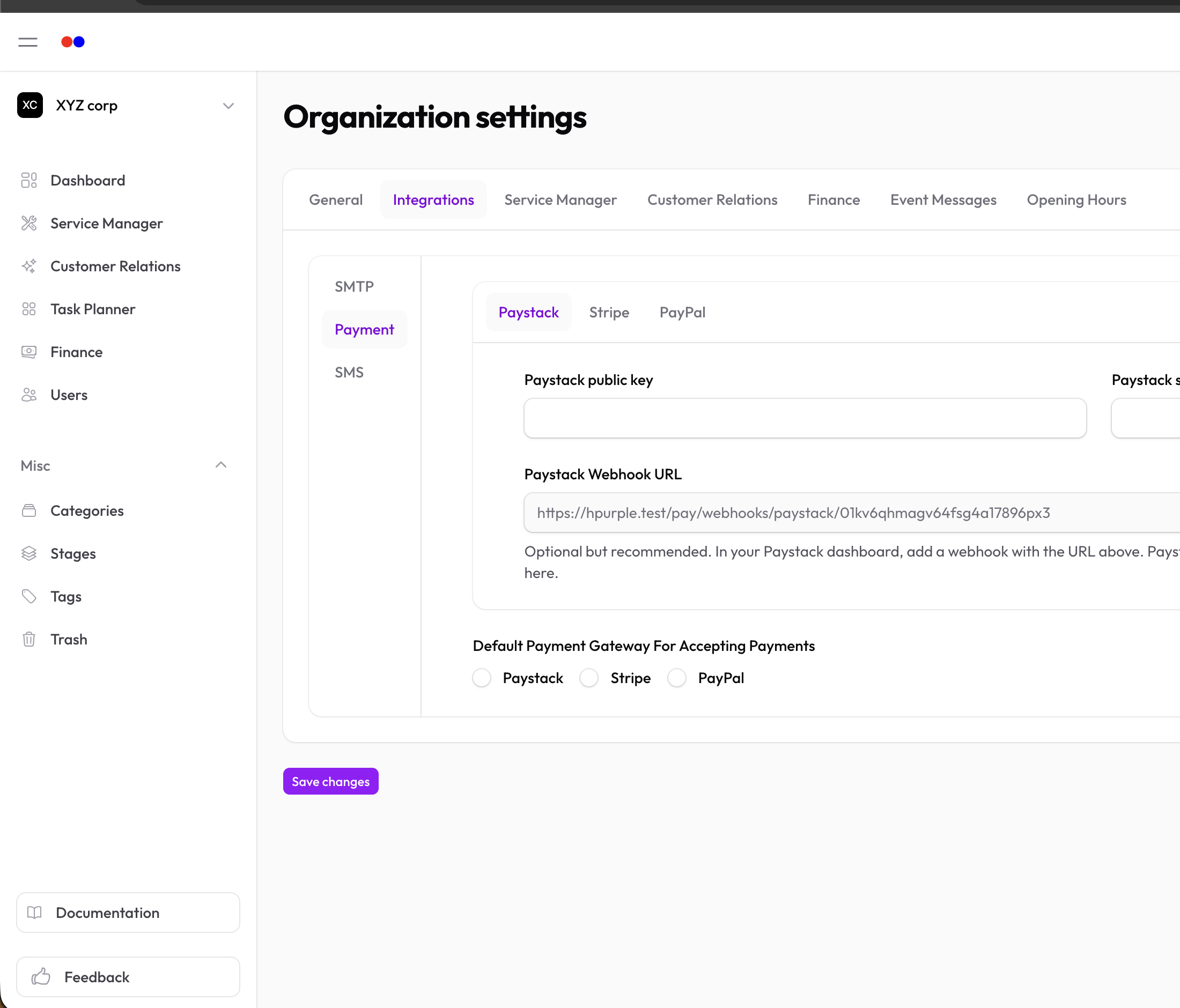 Integrations tab with payment gateways section