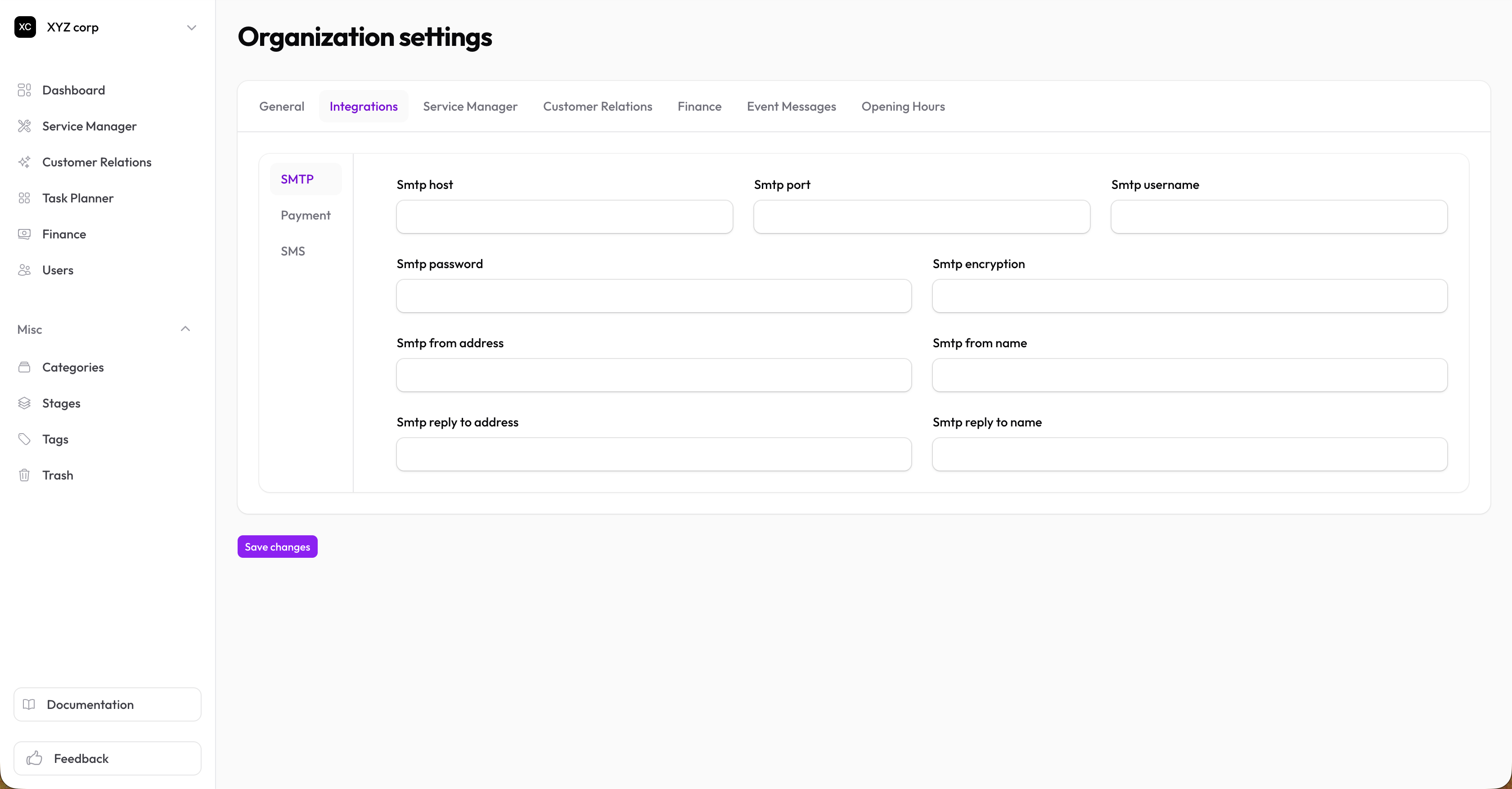Integrations tab with SMTP section expanded