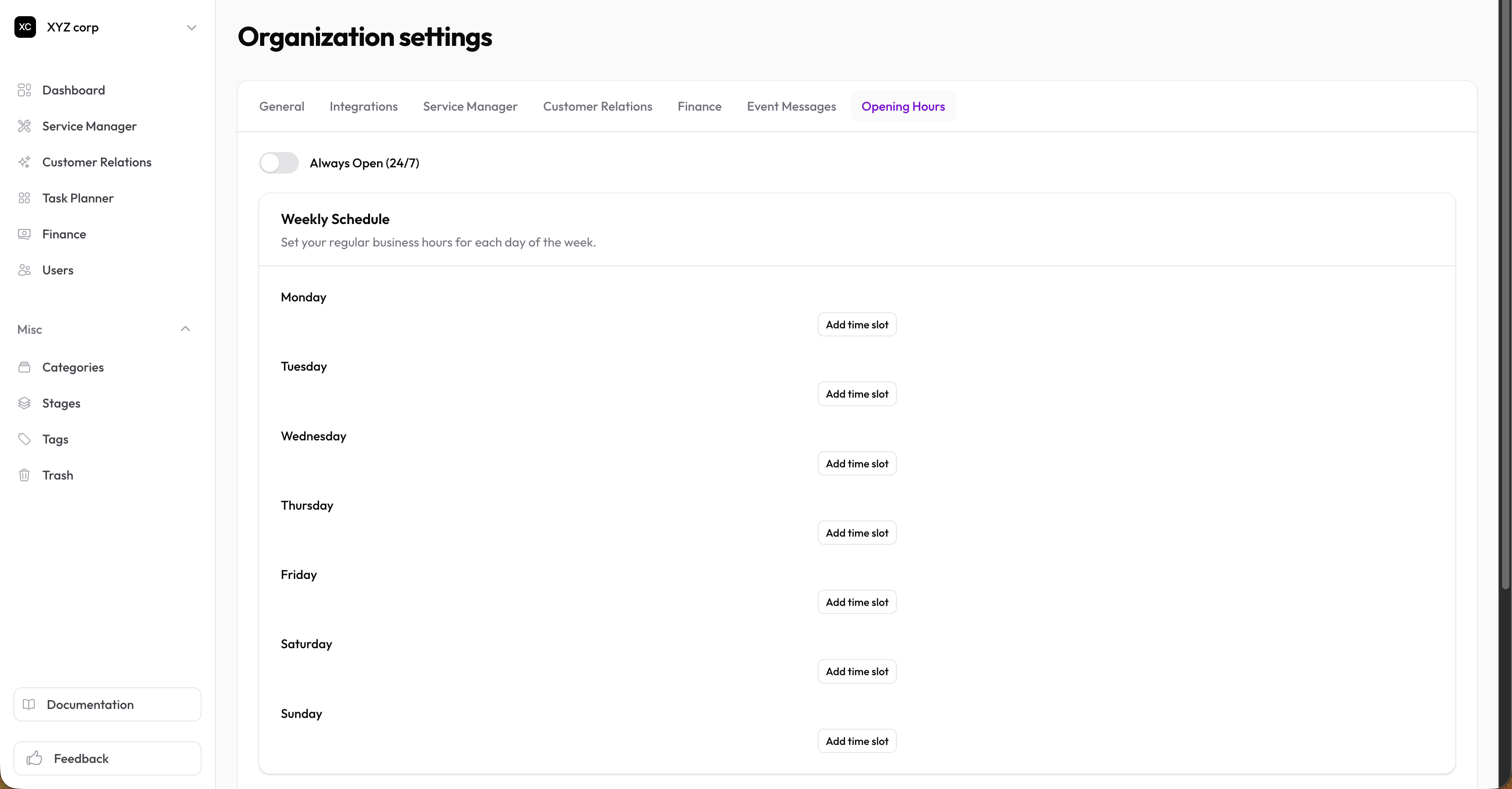 Opening hours tab with weekly schedule grid