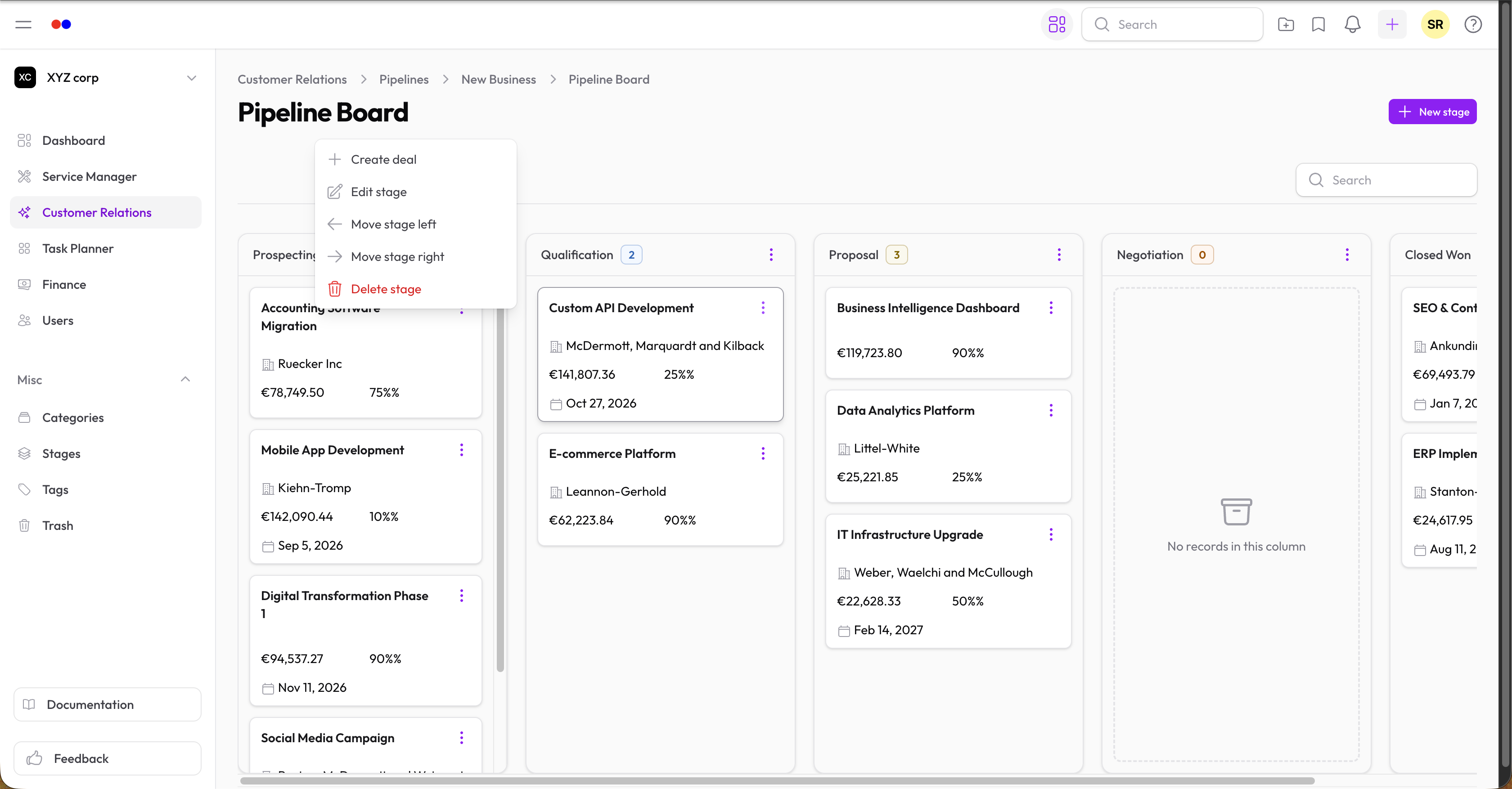 Column menu open showing stage management options