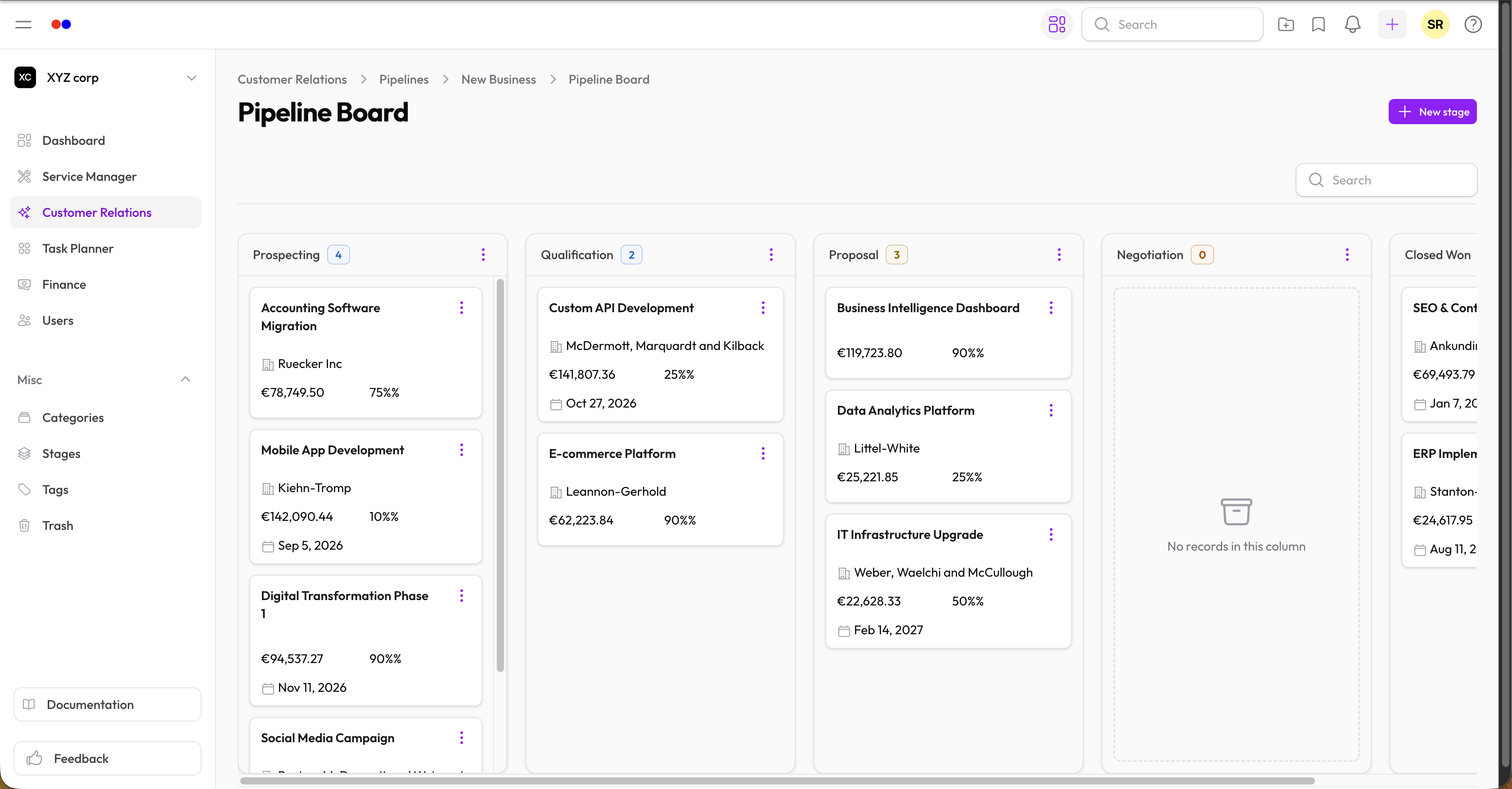Pipeline board overview with deal cards across stages