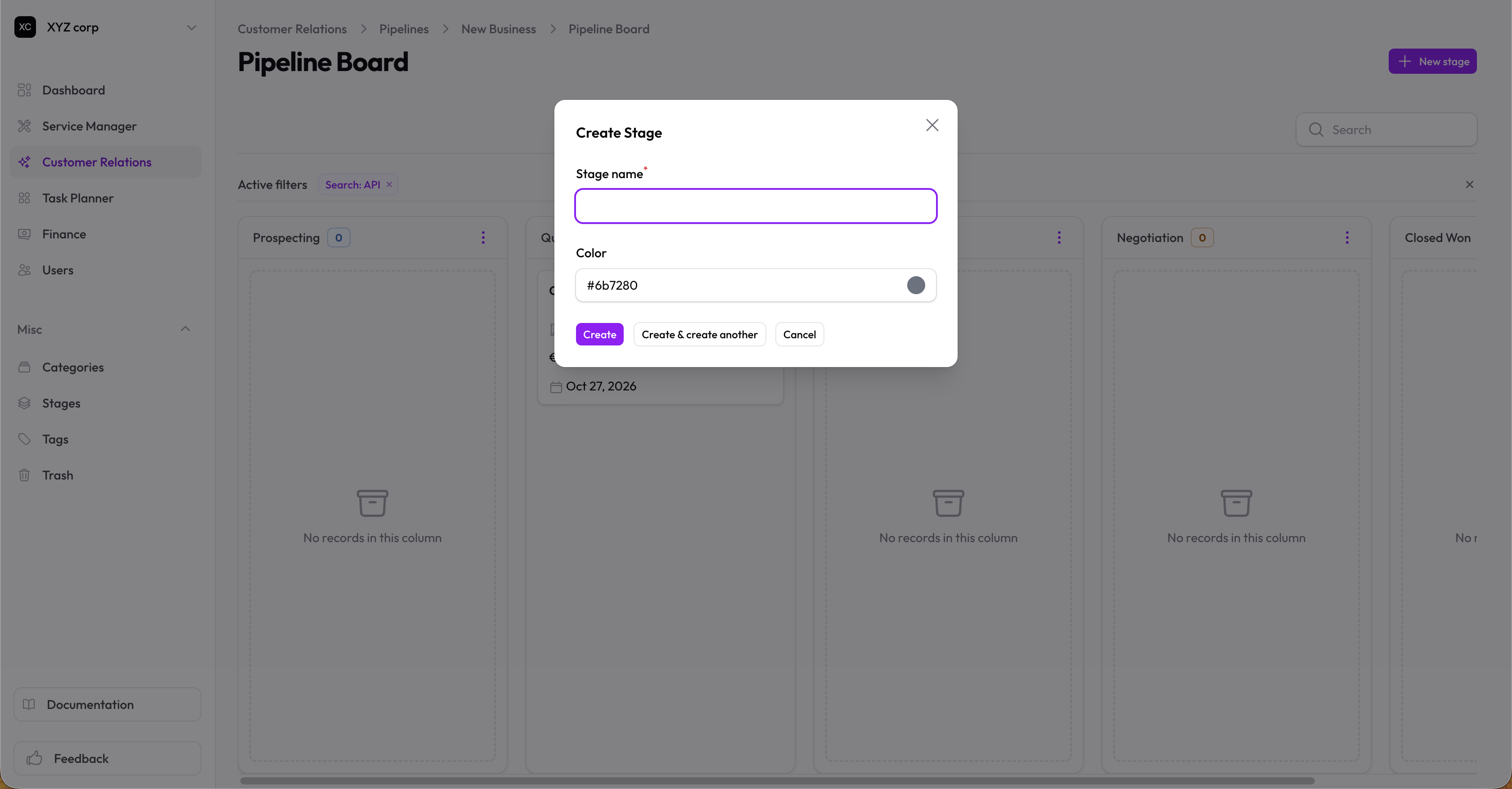 New stage form with name and color picker