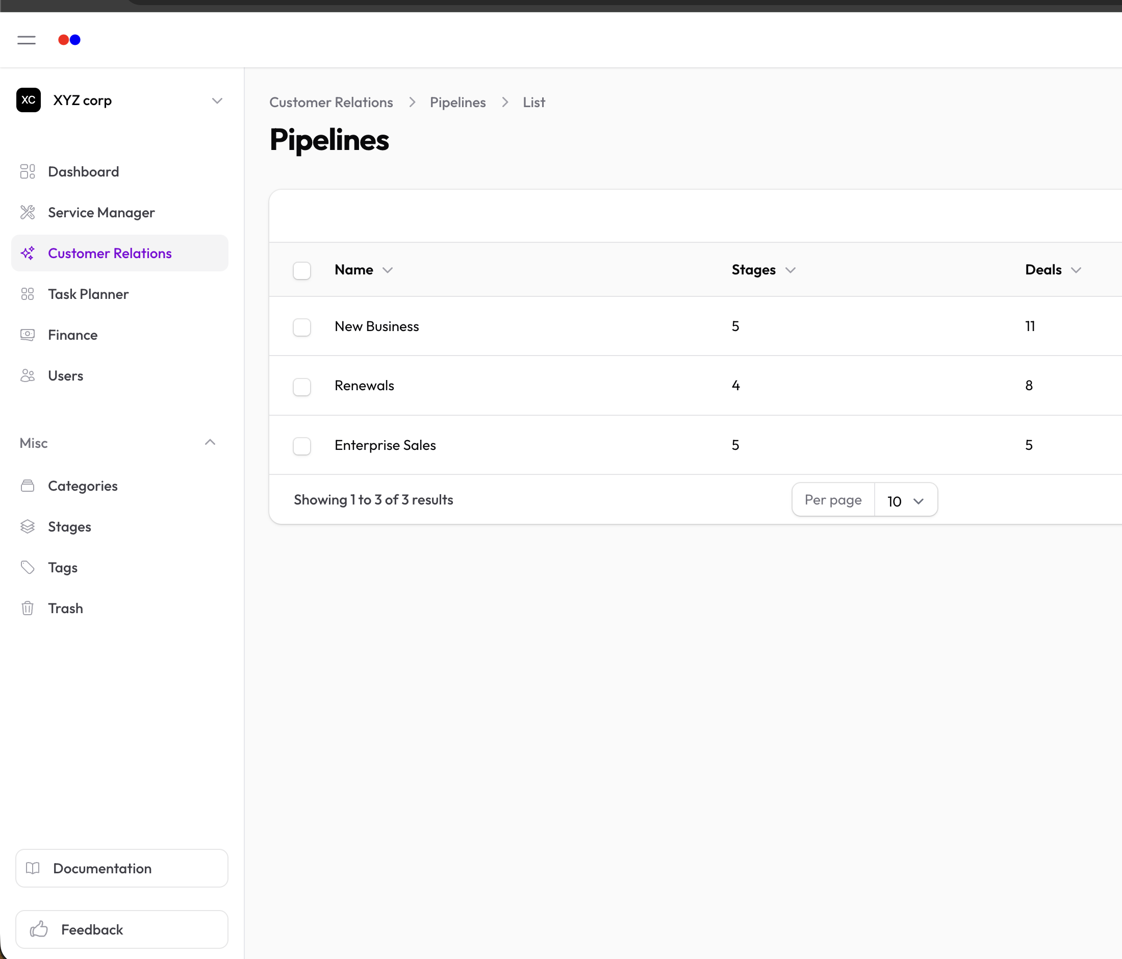 Pipelines list