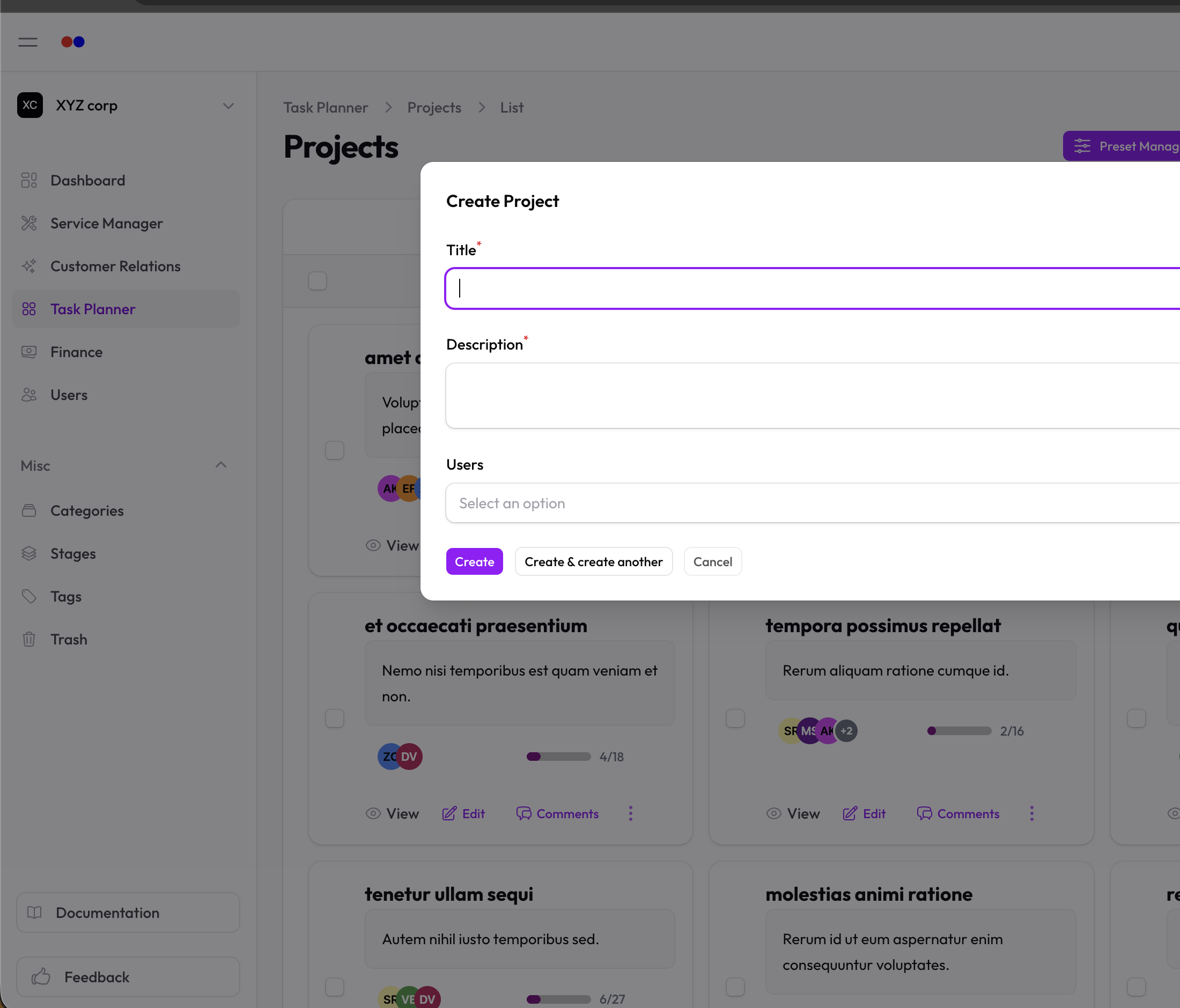 New project form with title, description, and team member fields