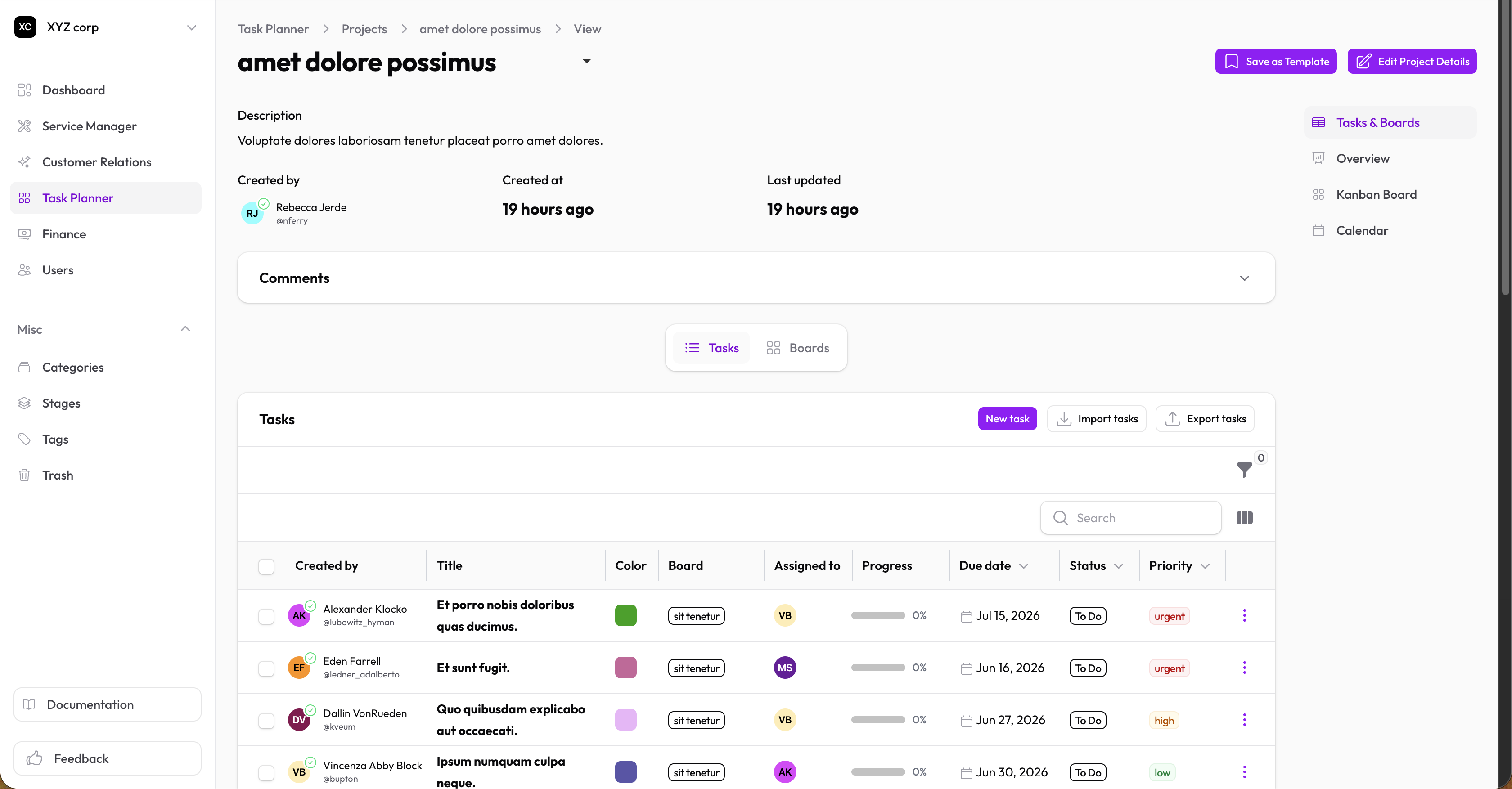 Project view showing team members and tasks relation
