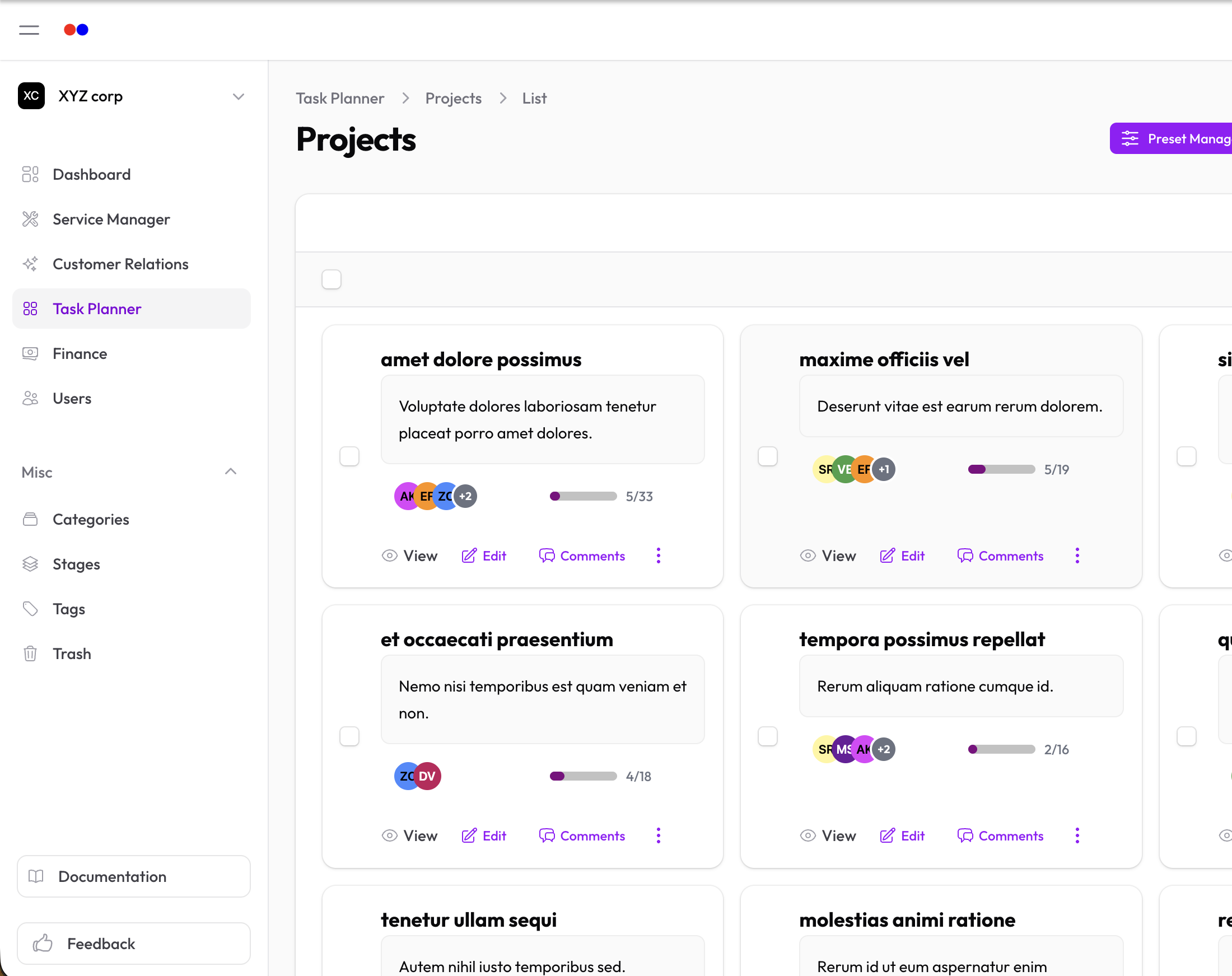Projects list with team member avatars