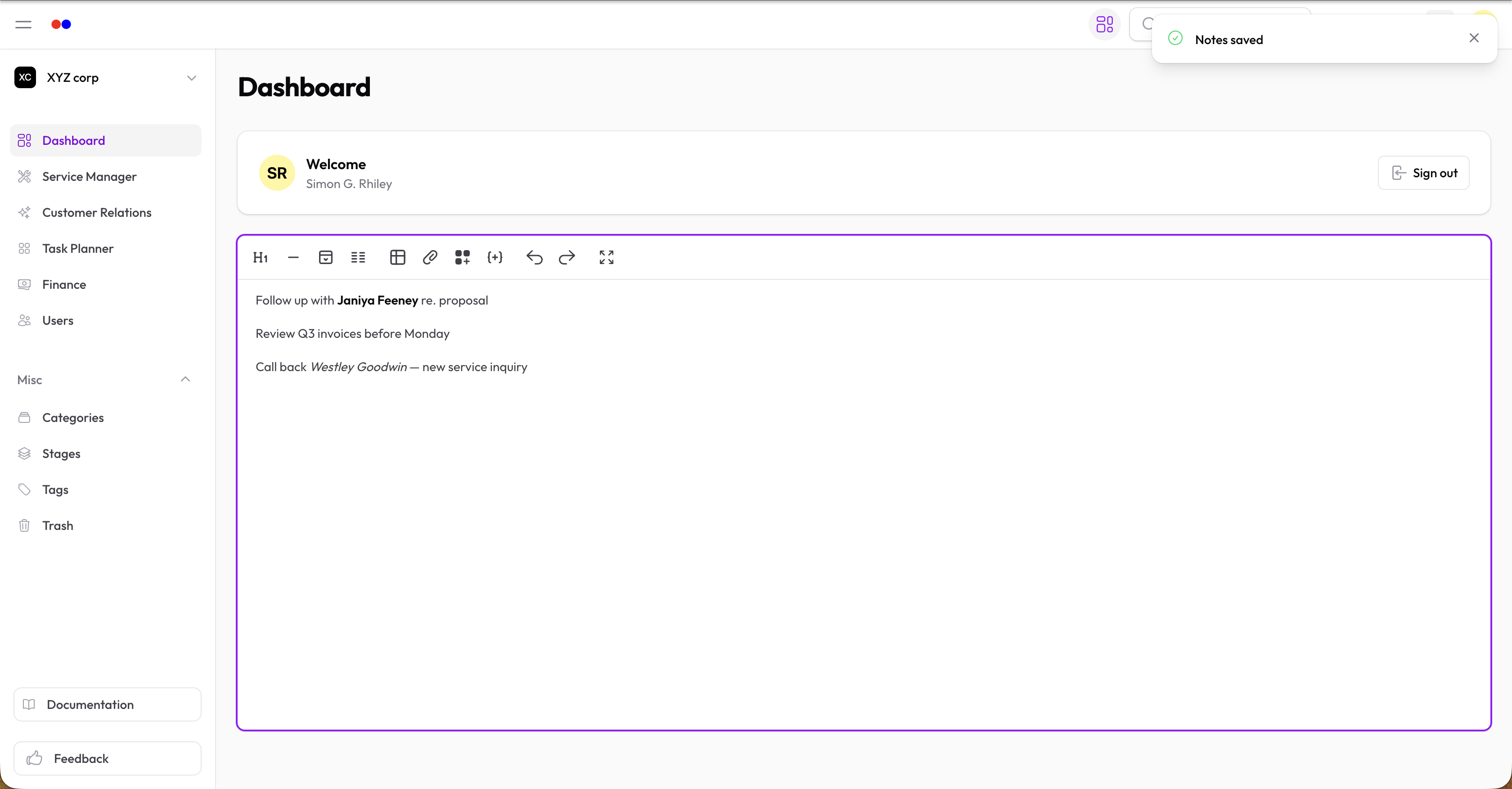 Quick Notes widget on the dashboard being typed into
