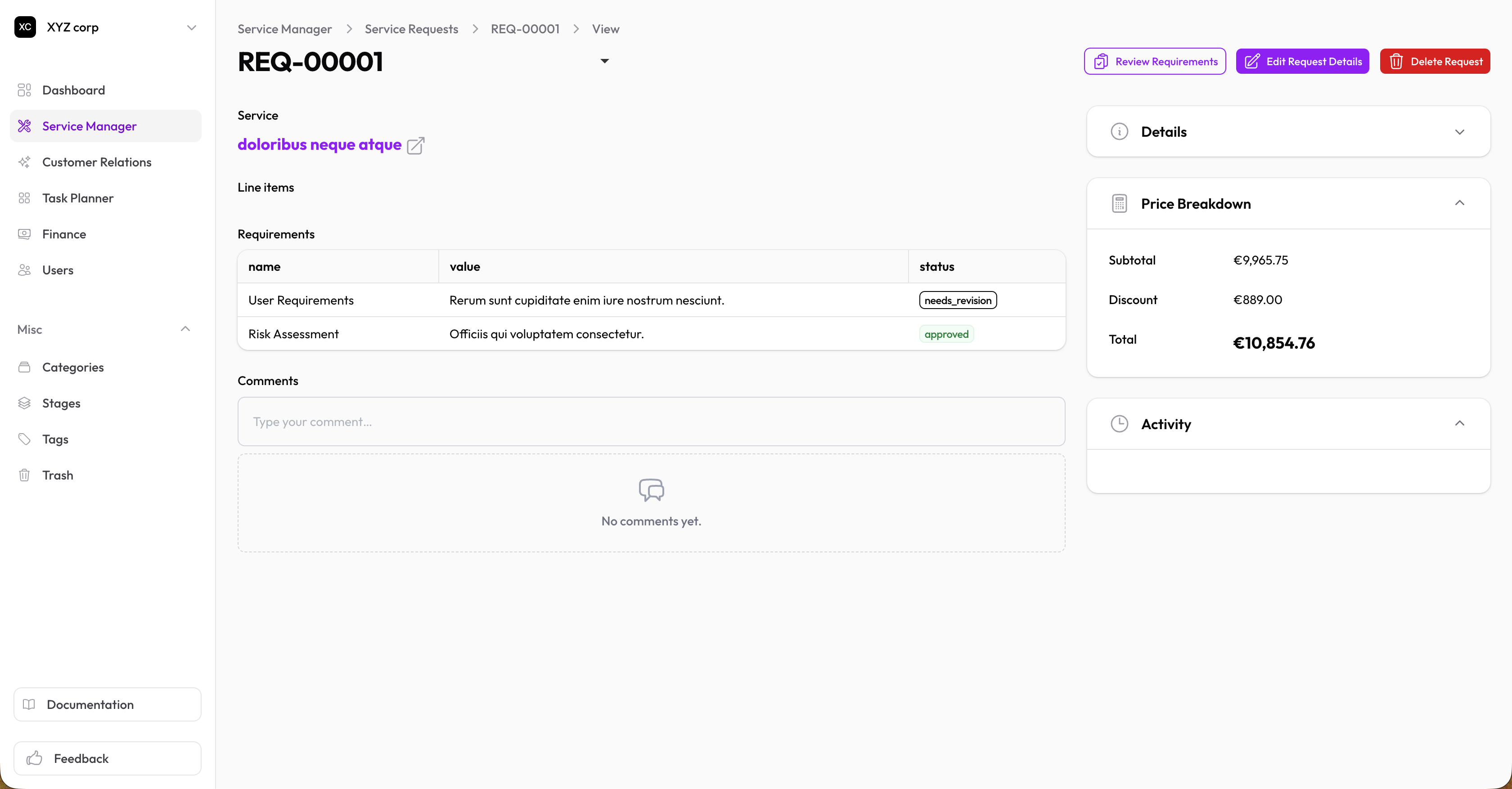 Request view with requirements checklist and line items
