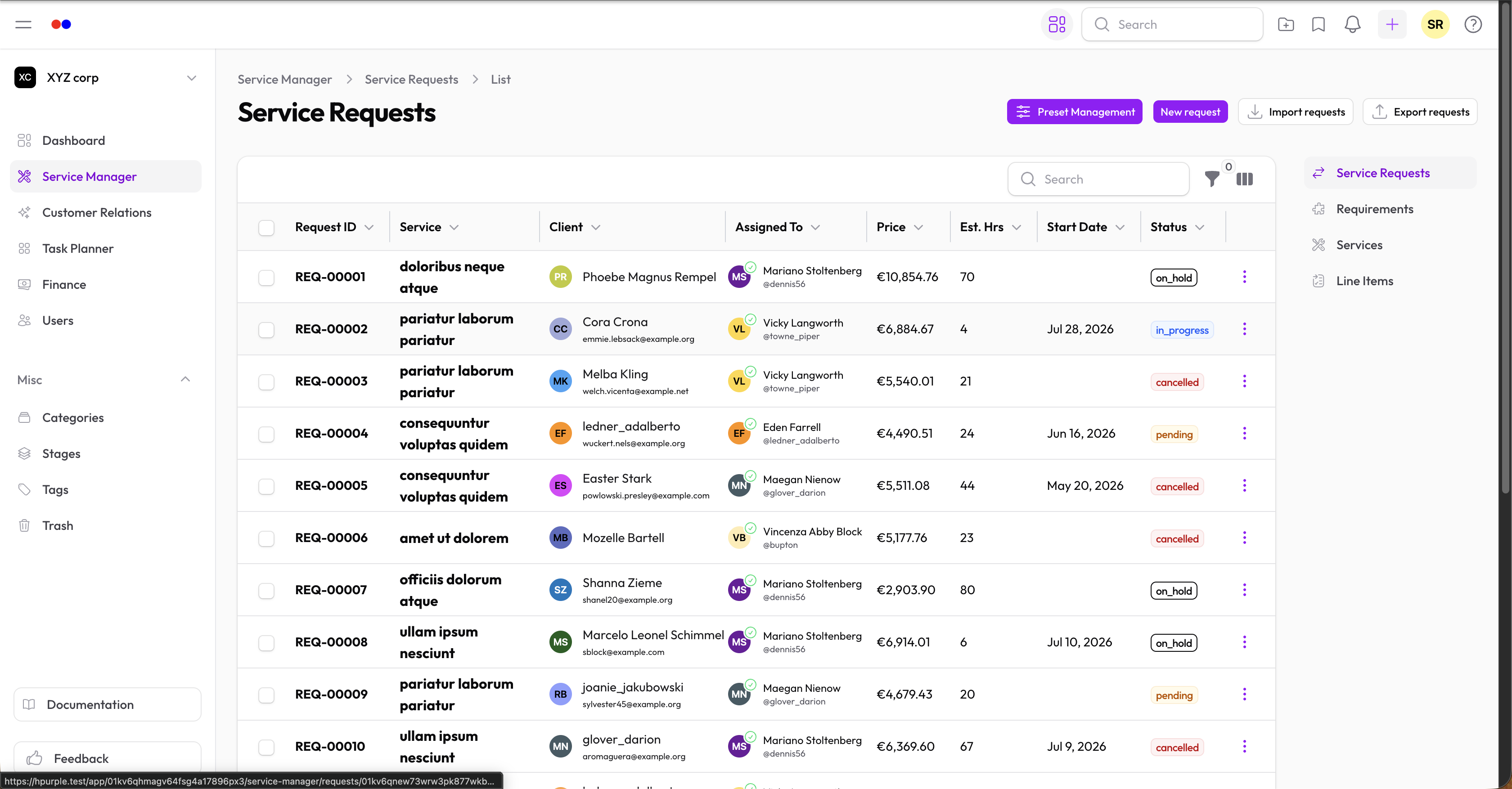 Service requests list with stage and status badges