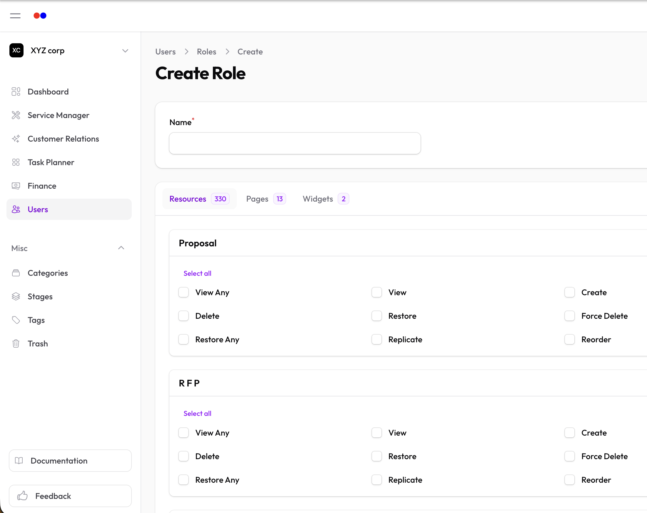 Role form with permission checkboxes