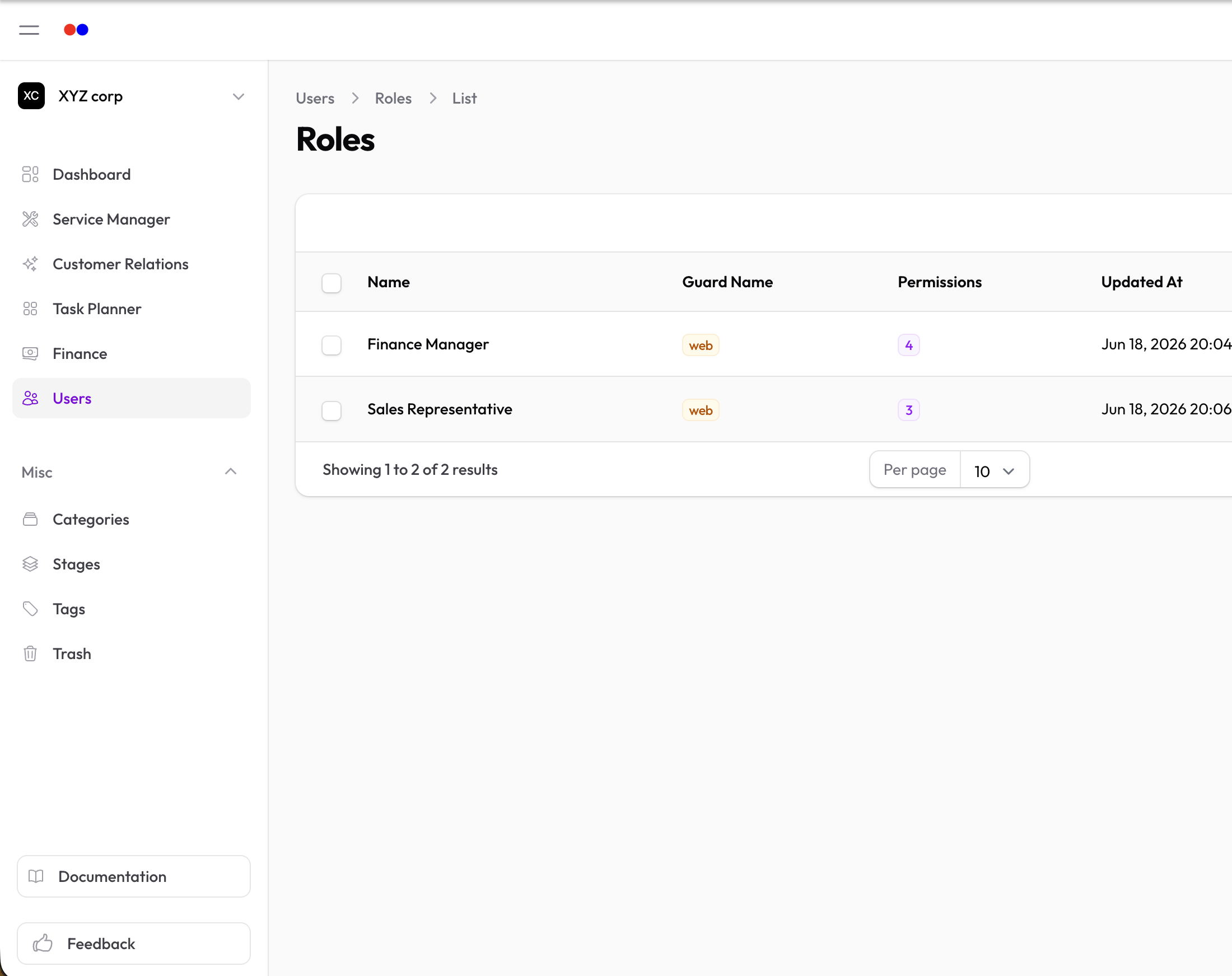 Roles and permissions page with role list and permission toggles
