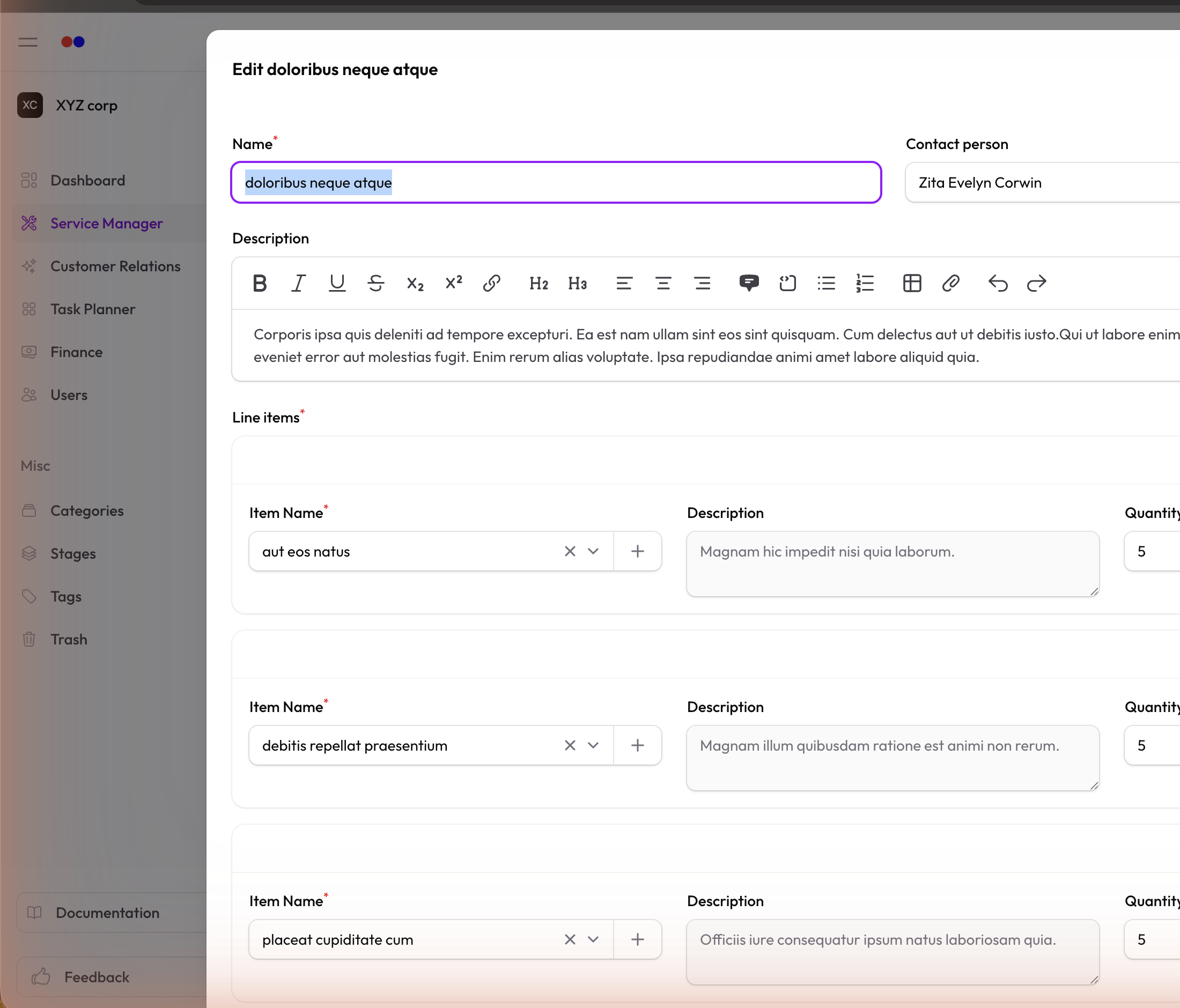 Service form — Line Items section with items added