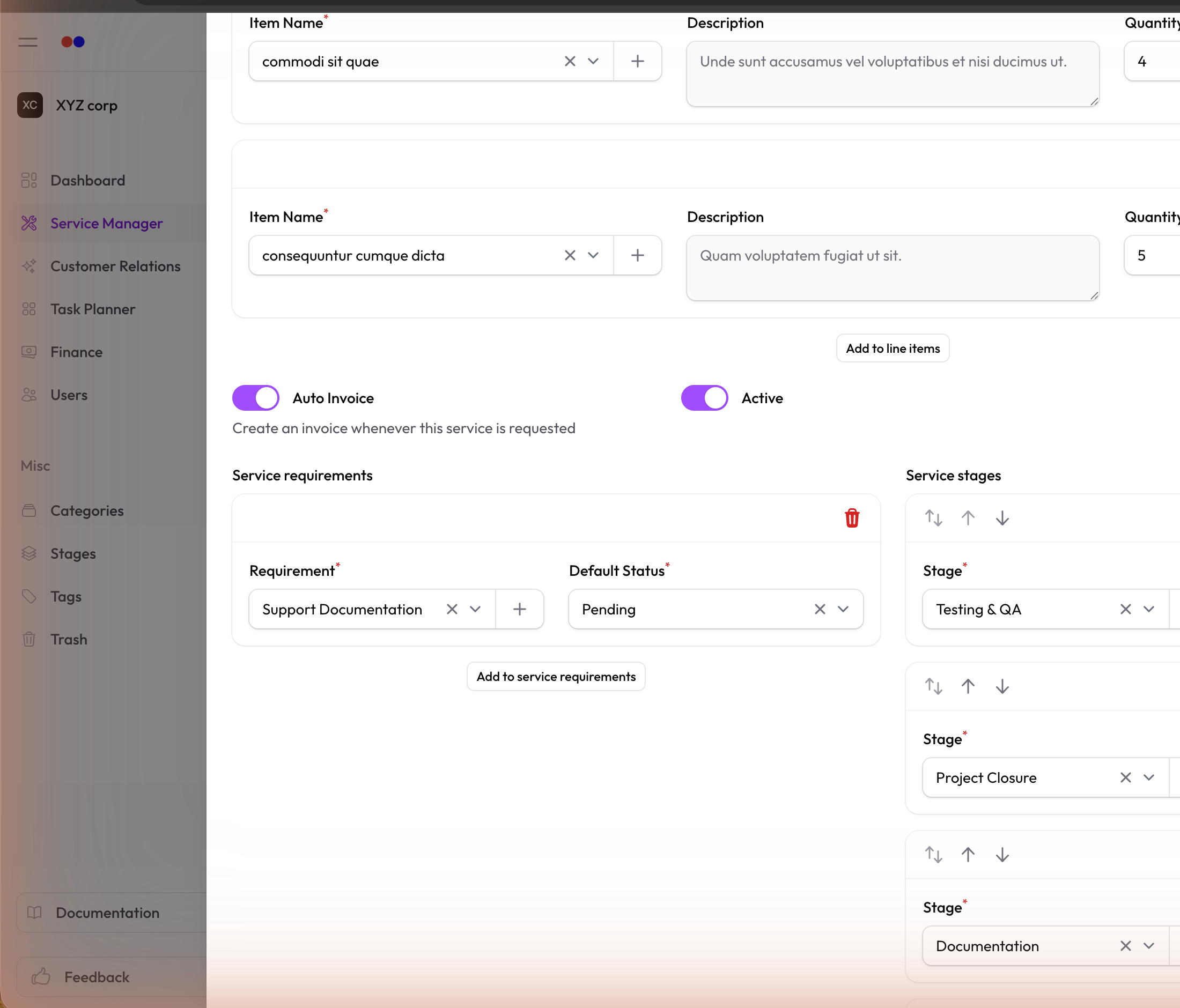 Service form — Requirements section with status dropdowns