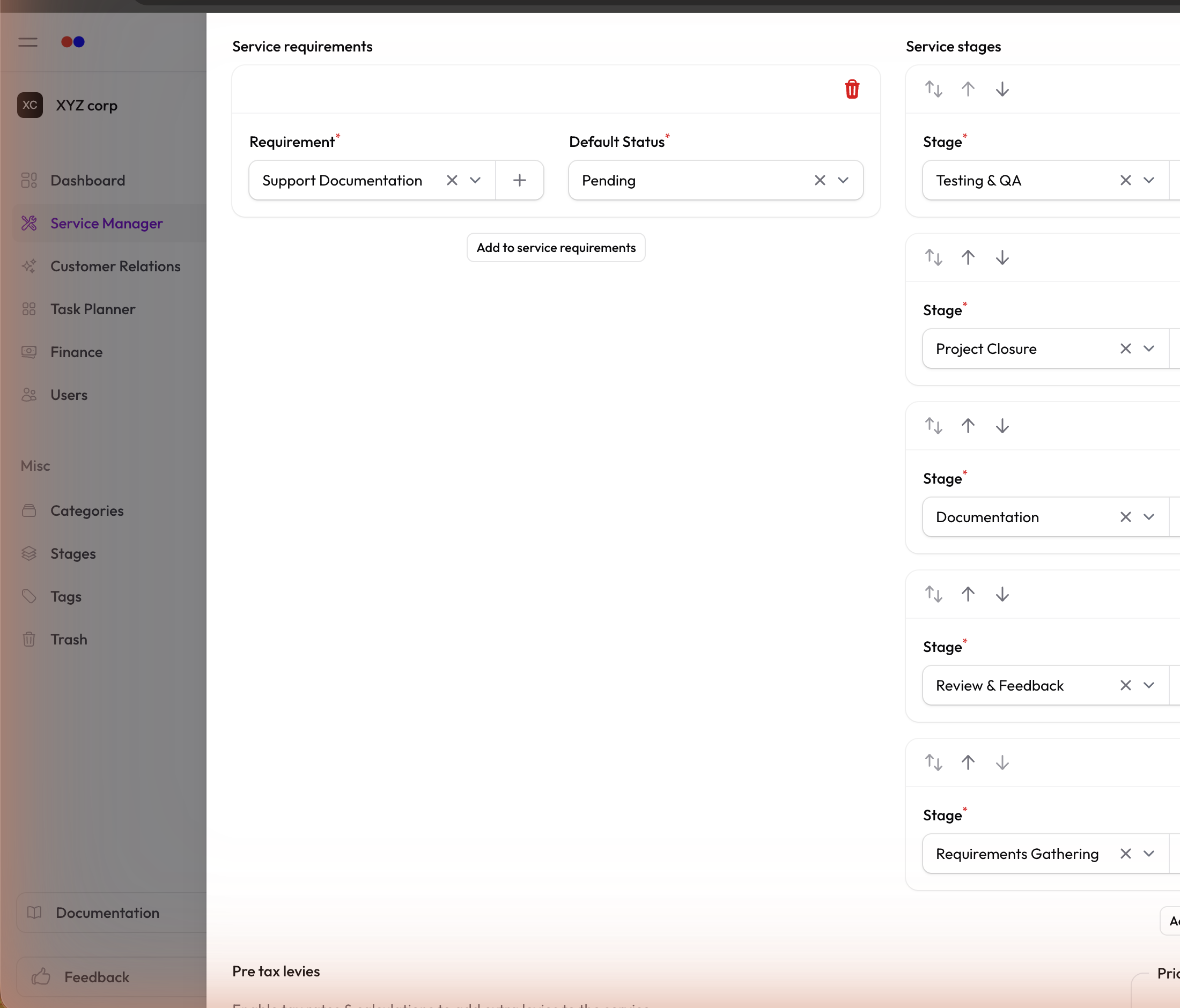 Service form — Stages section with drag handles and Default toggle