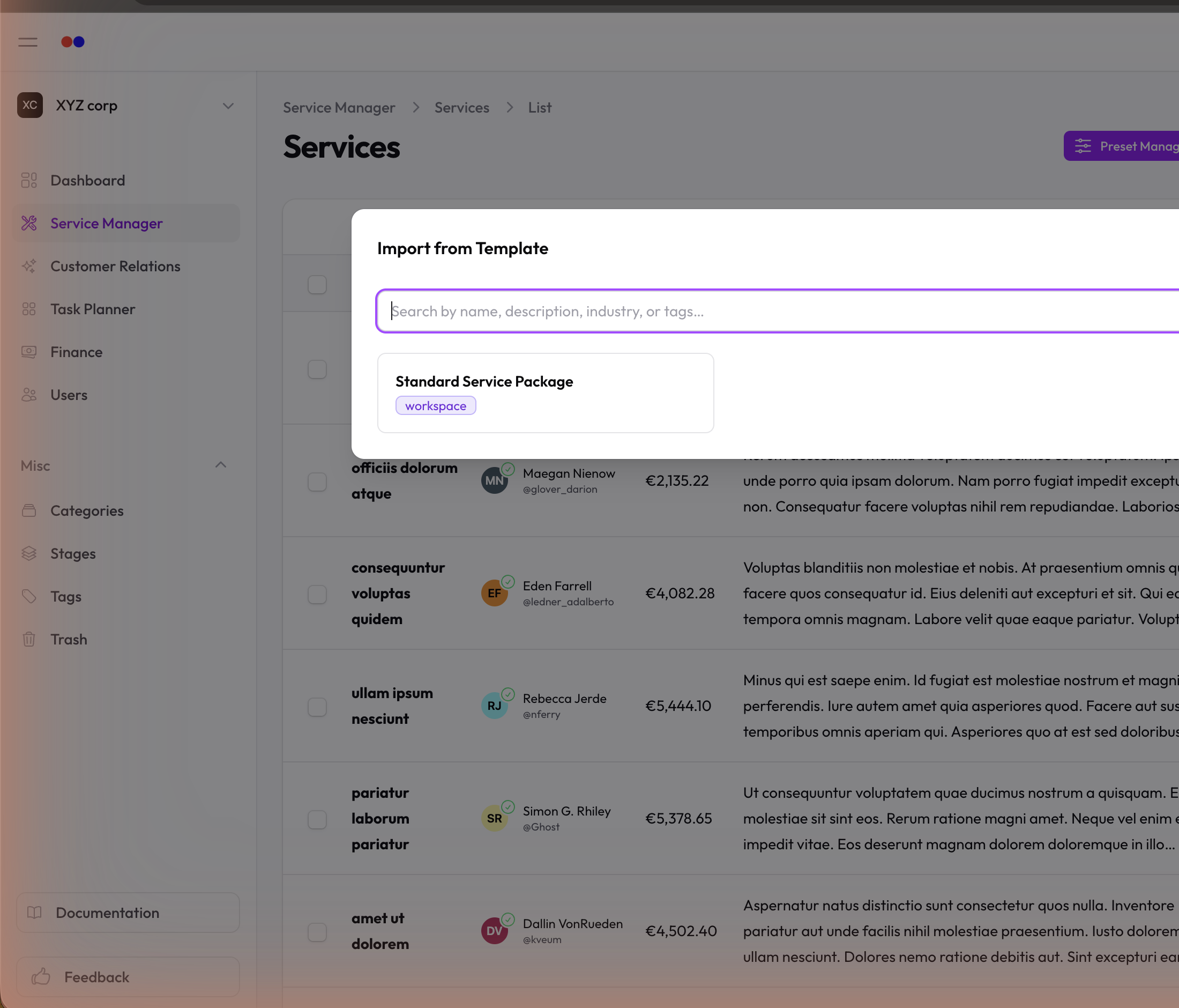 From Template picker modal