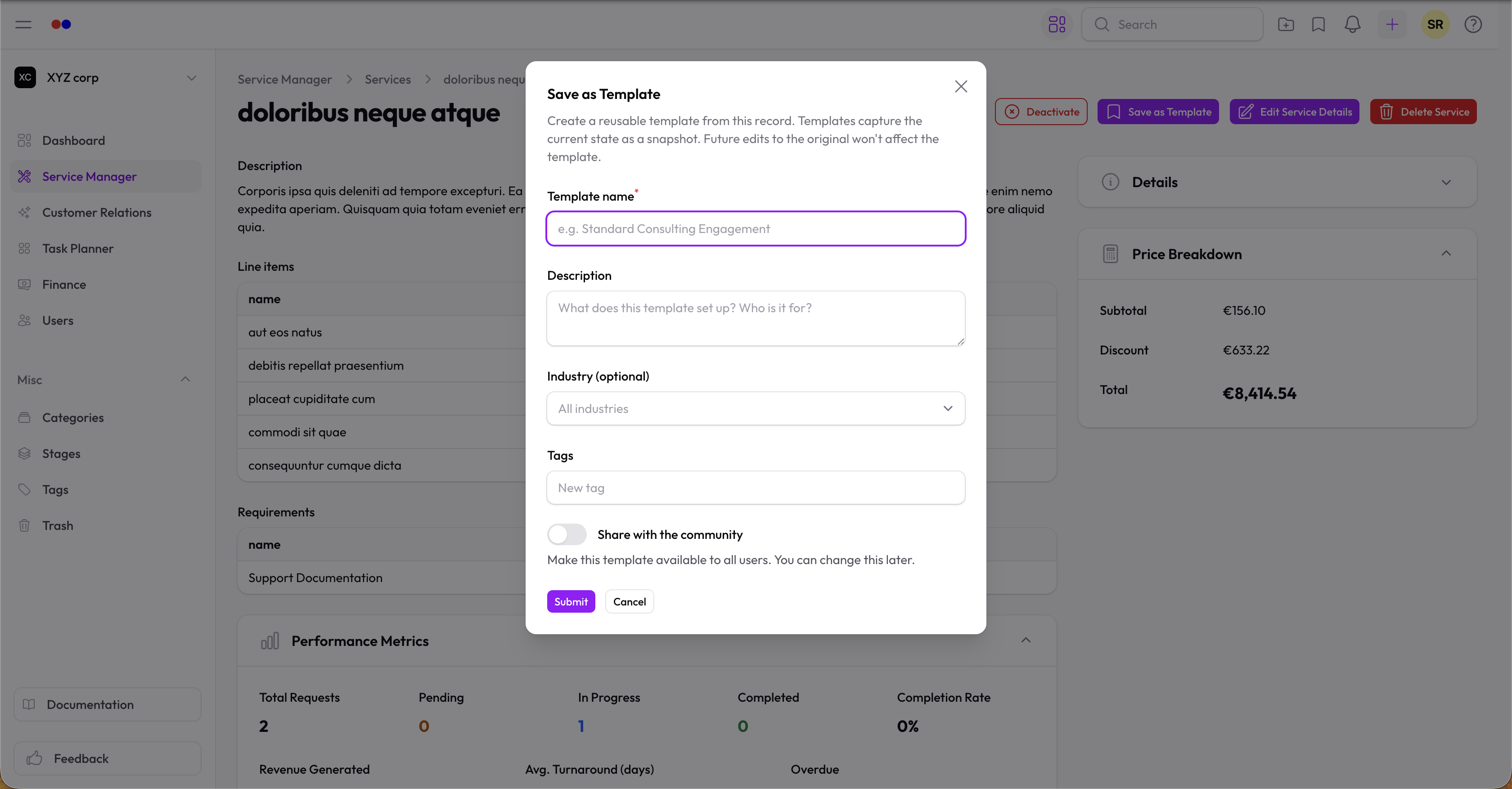 Save as Template modal