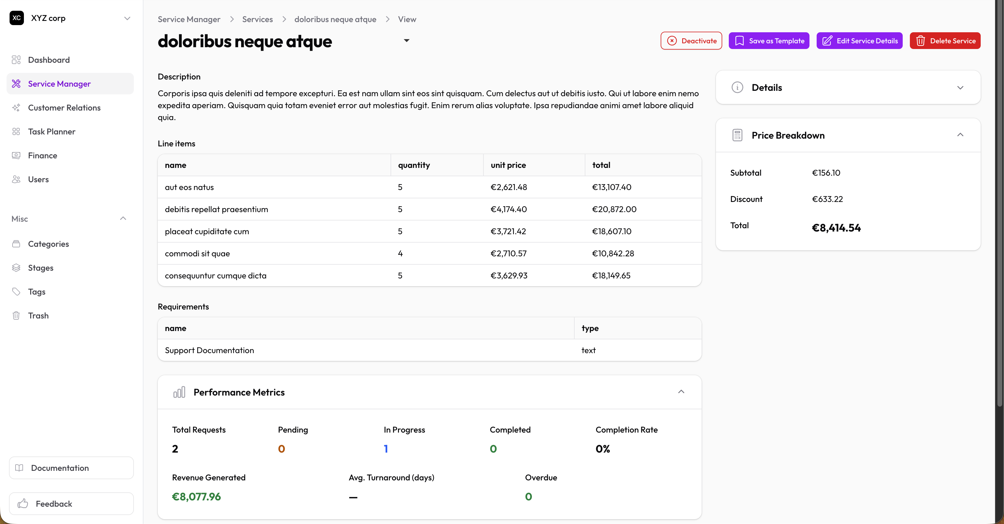 Service view page showing line items, requirements, and stages sections