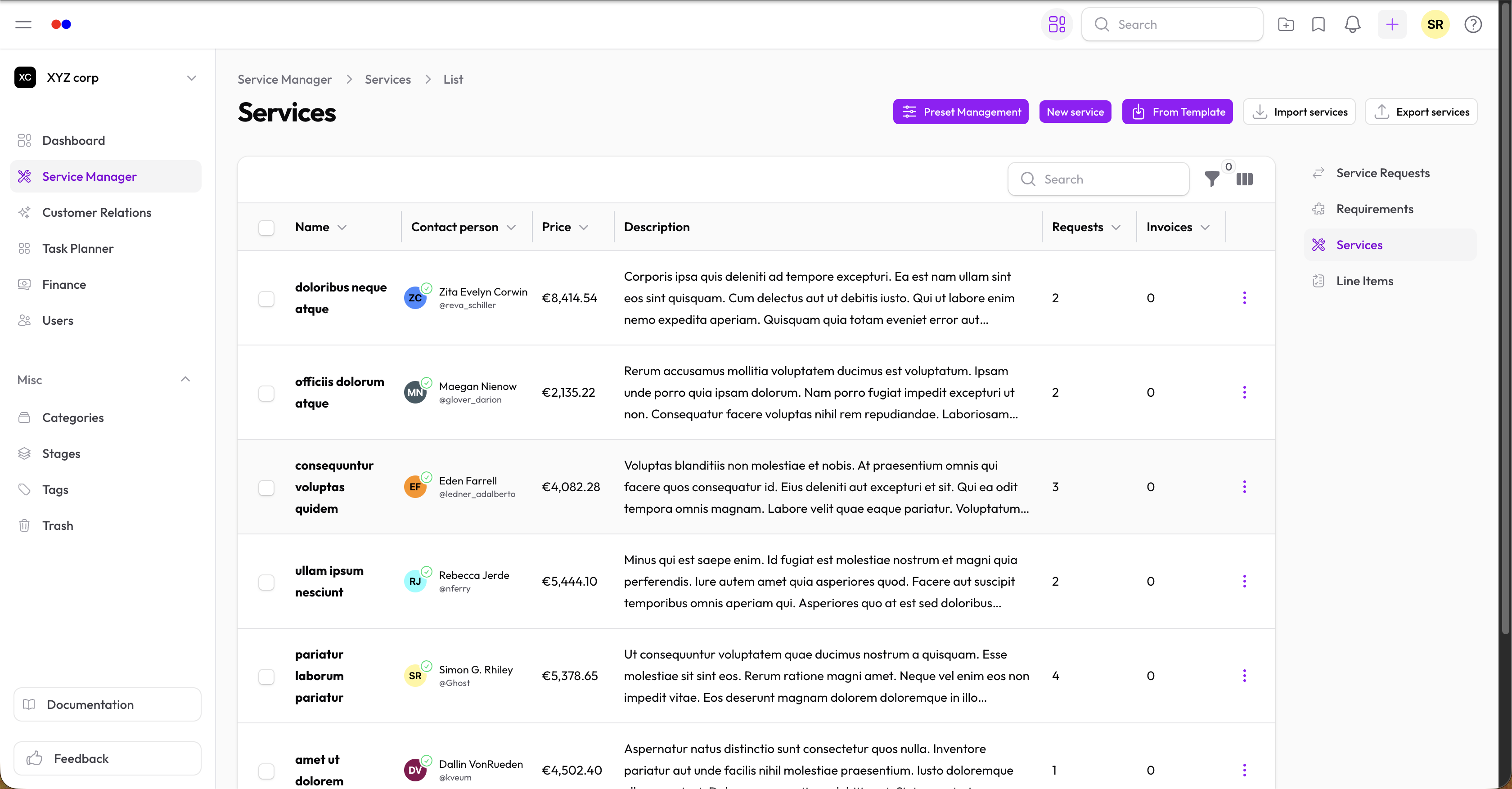 Services list with active/inactive badges