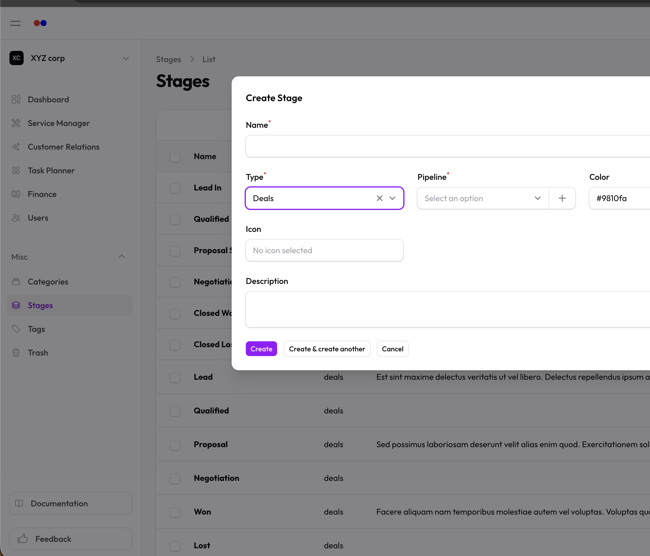 Stage form with type set to Deals — pipeline field visible and required