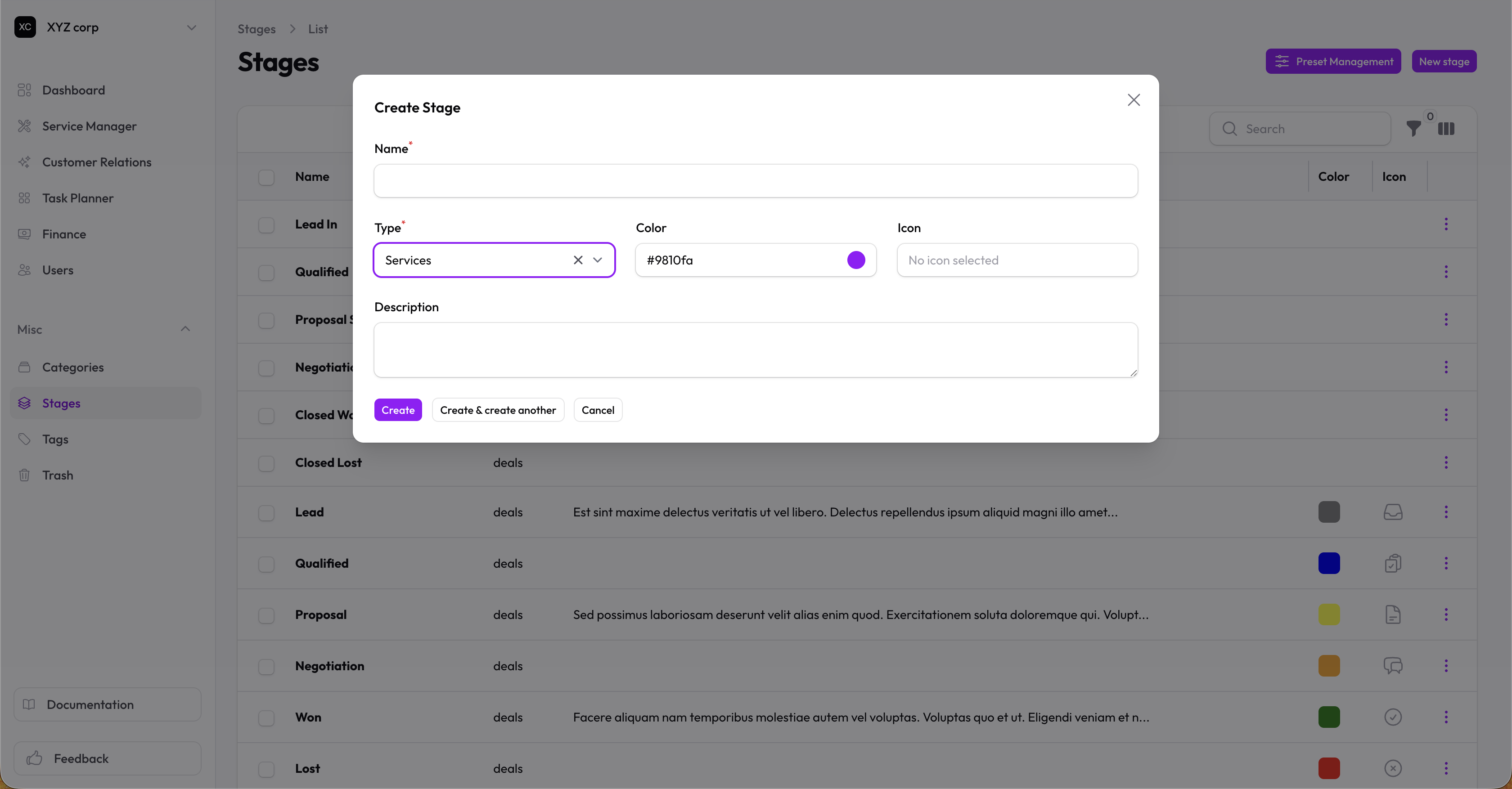 Stage form with type set to Services — pipeline field hidden