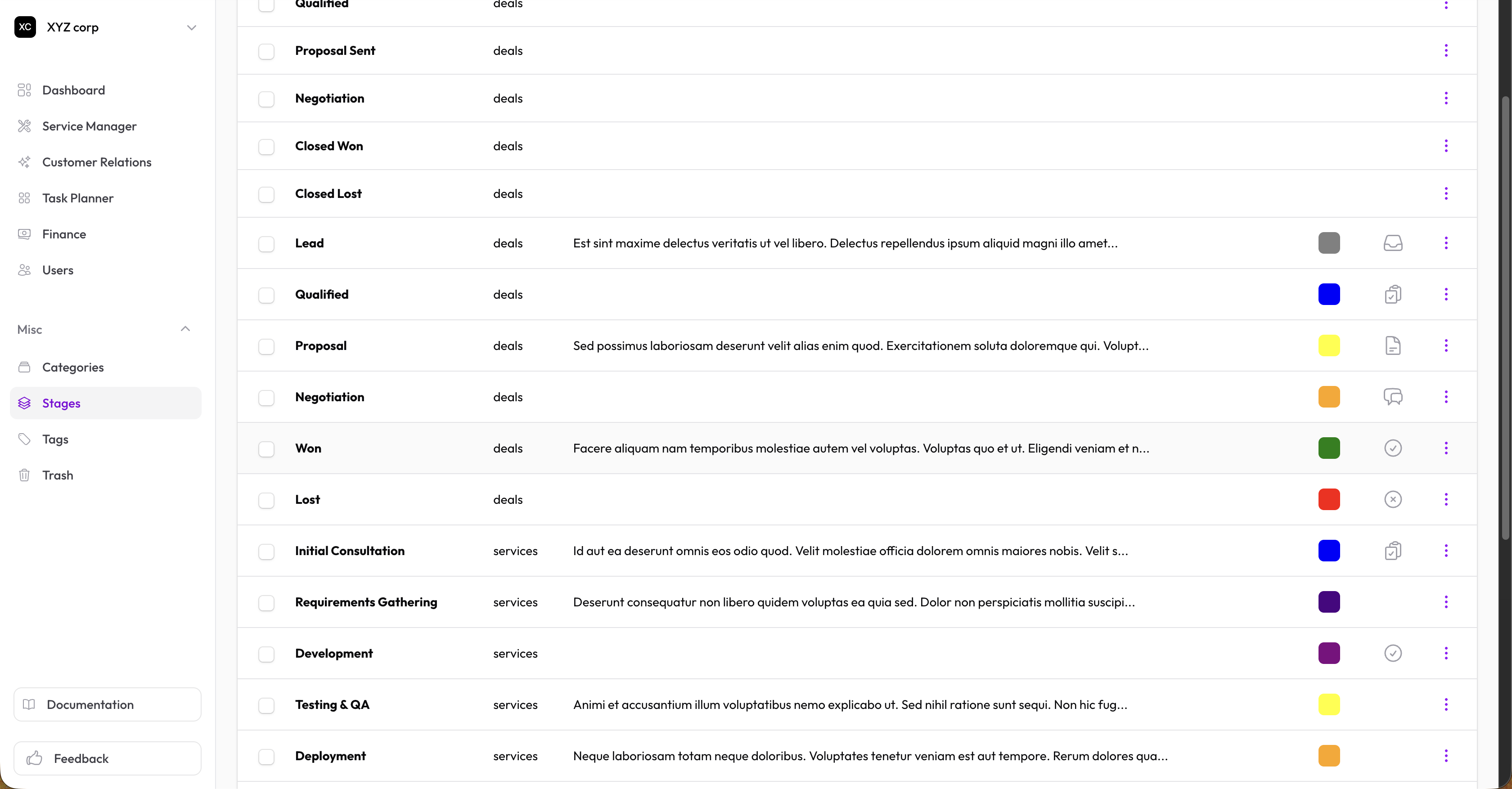 Stages list showing type column, color swatches, and pipeline name