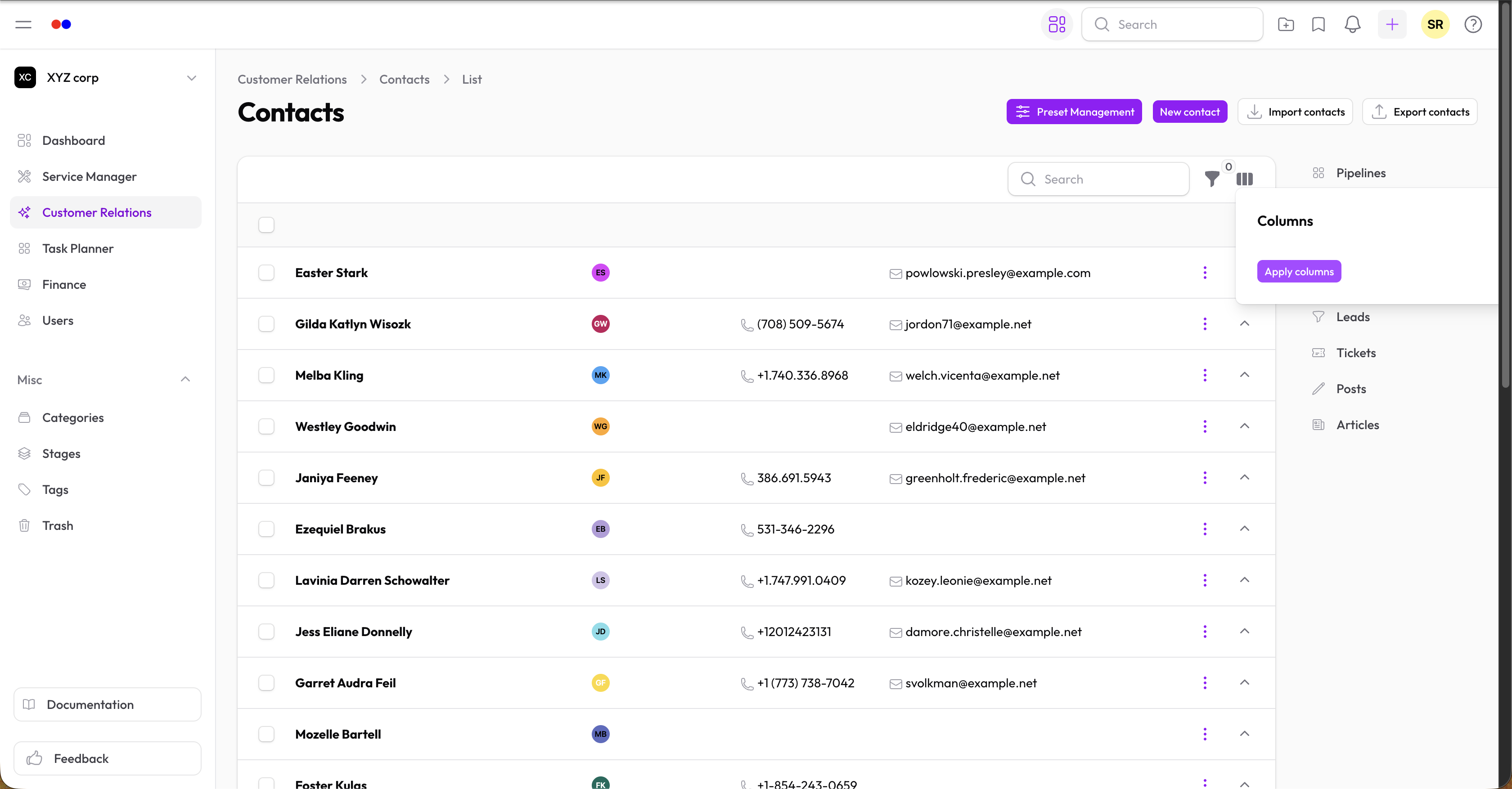 Column visibility popover with checkboxes for showing/hiding columns