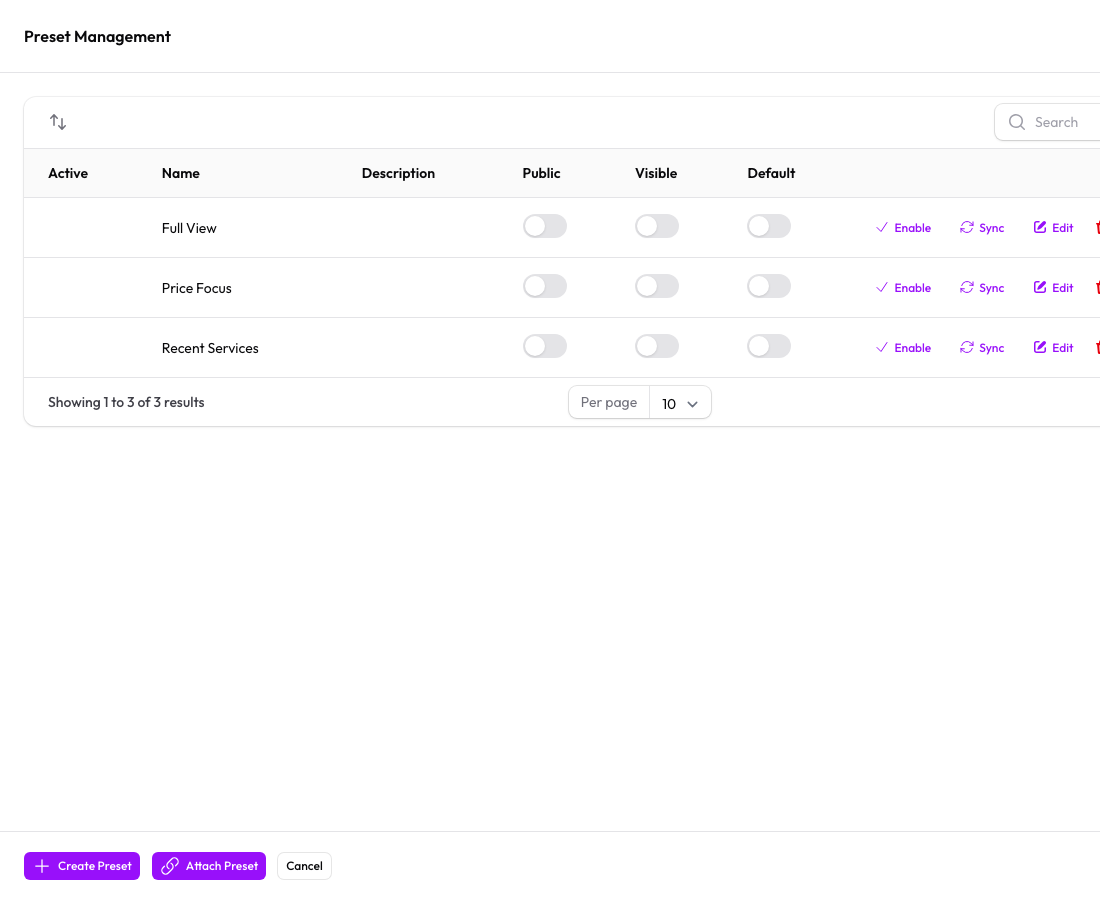 Presets popover with list of saved presets to apply