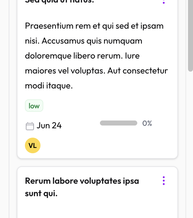 Task card close-up showing priority badge, assignee avatar, and sub-task progress bar