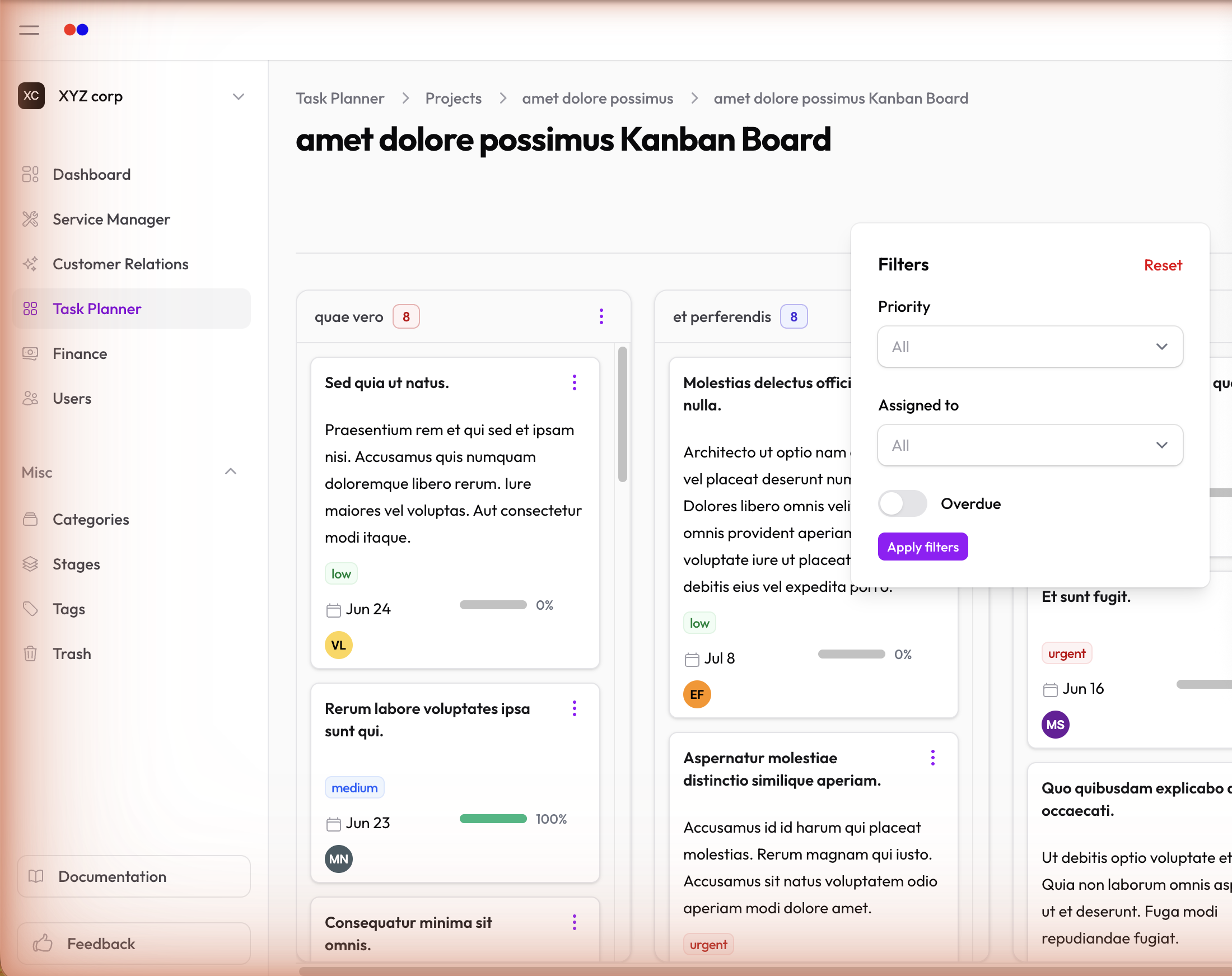Board with filter bar open showing assignee and priority filters
