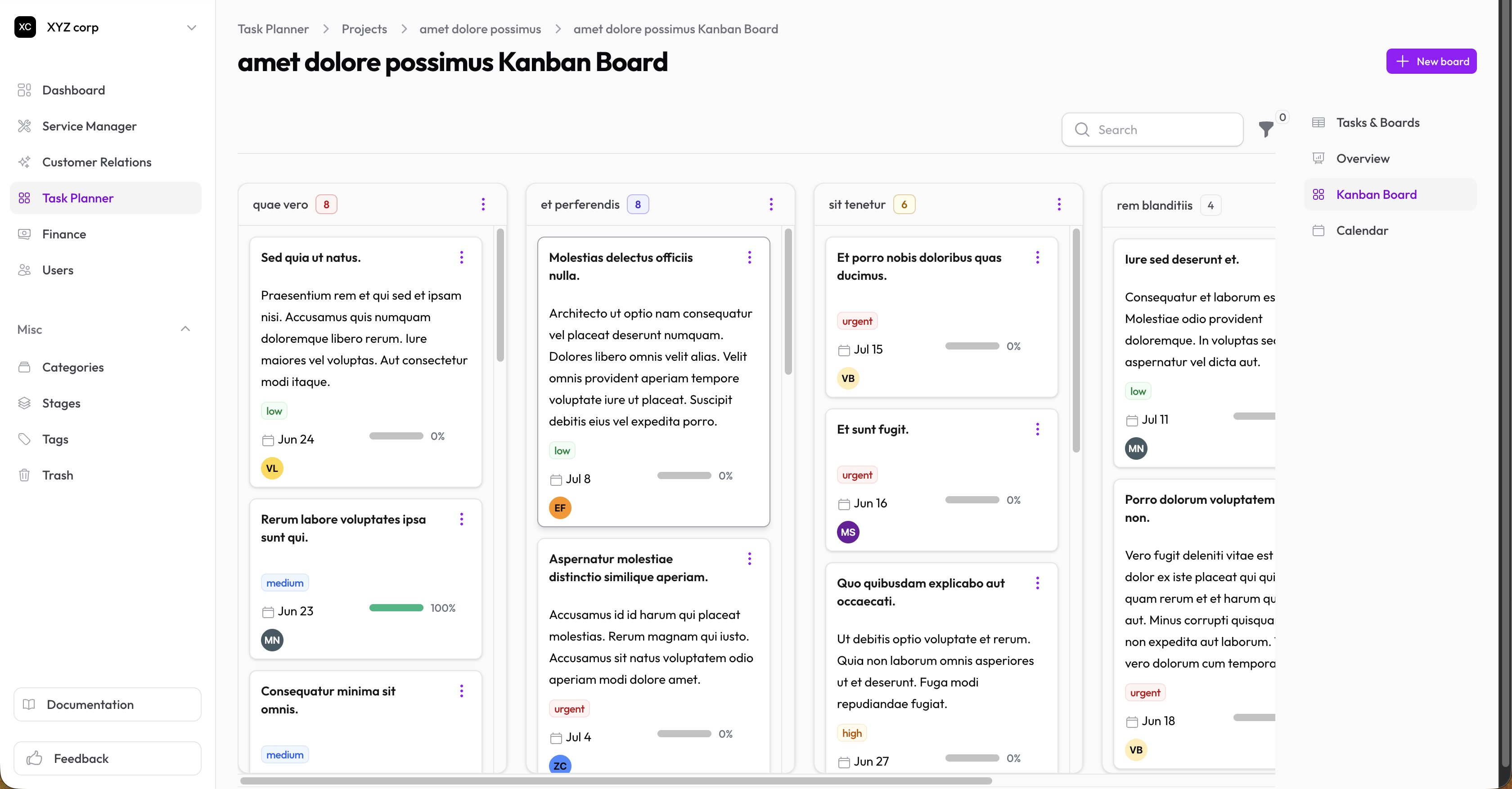 Kanban board with task cards across To Do, In Progress, In Review, and Done columns