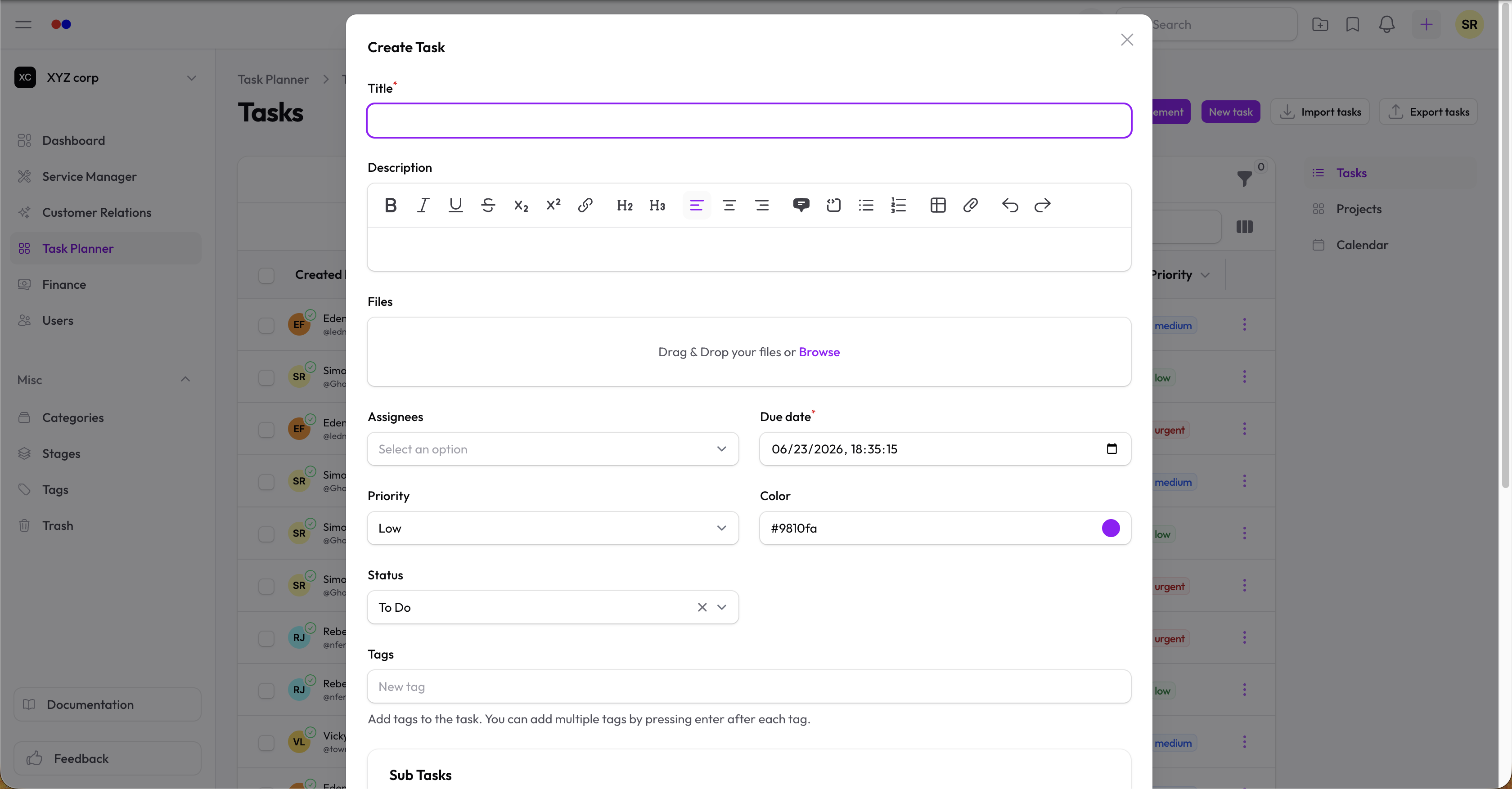 Task form with all fields including color picker, tags, and files