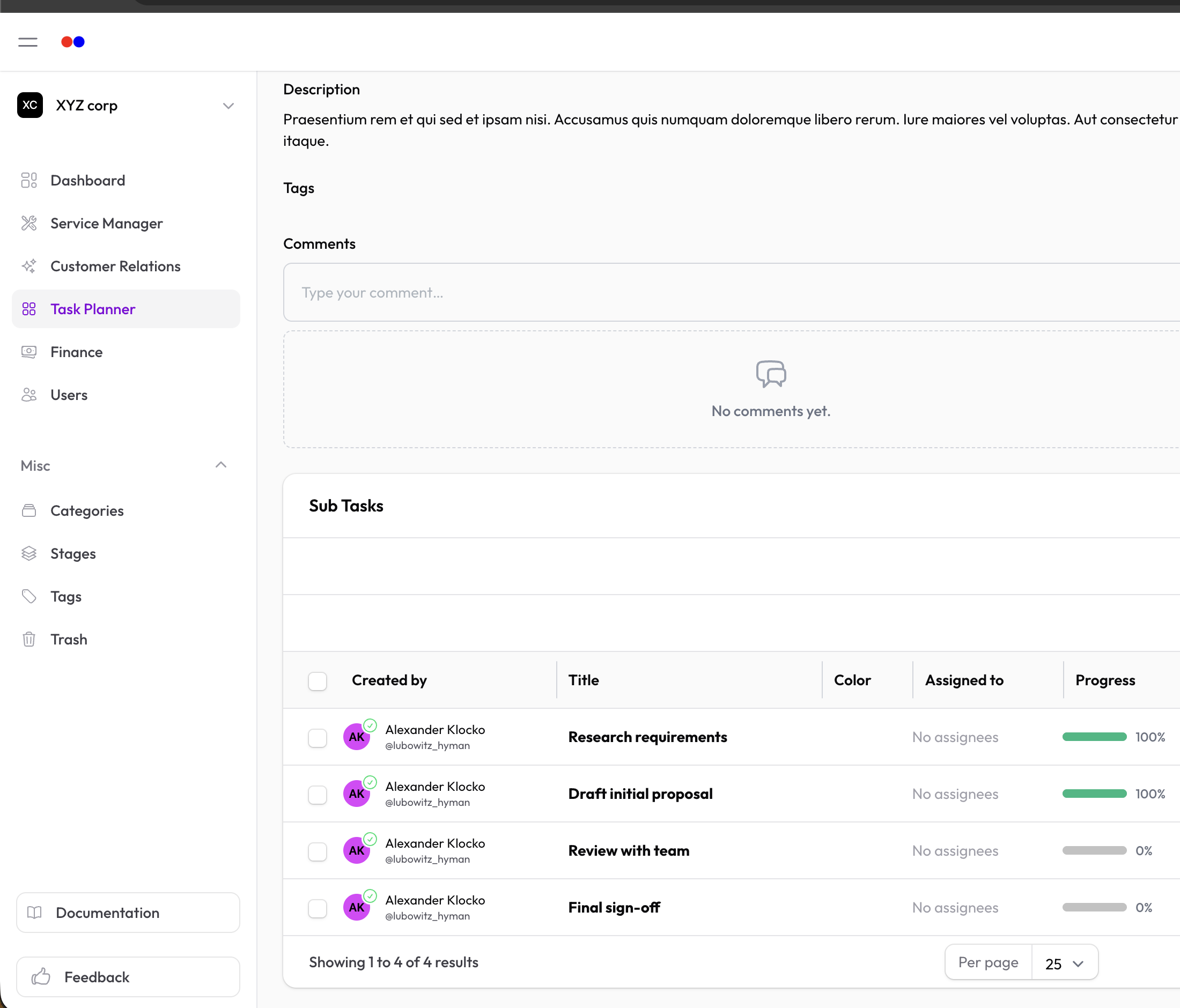 Task view showing Sub Tasks section with some items checked