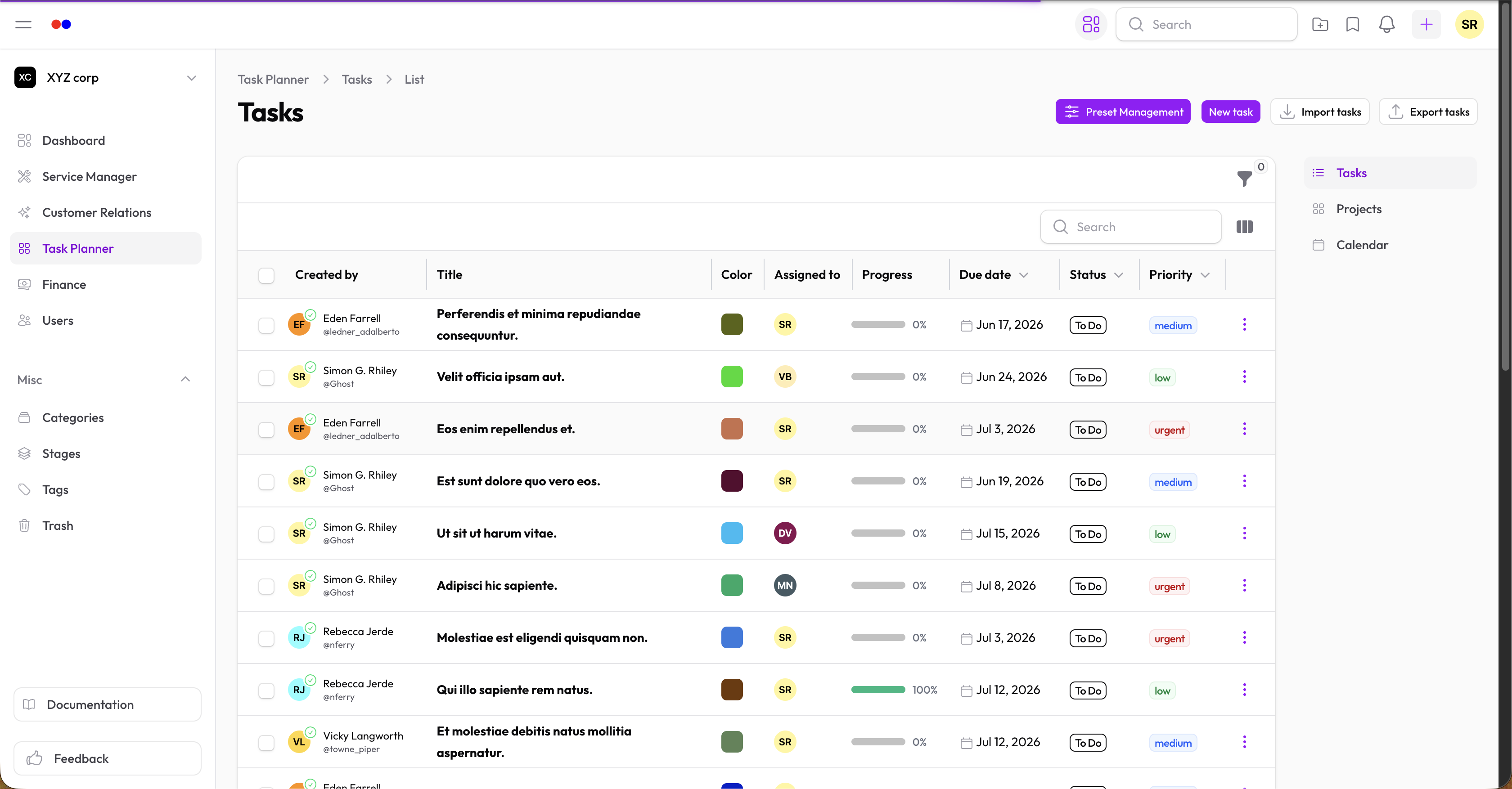 Tasks list with priority badges and due dates