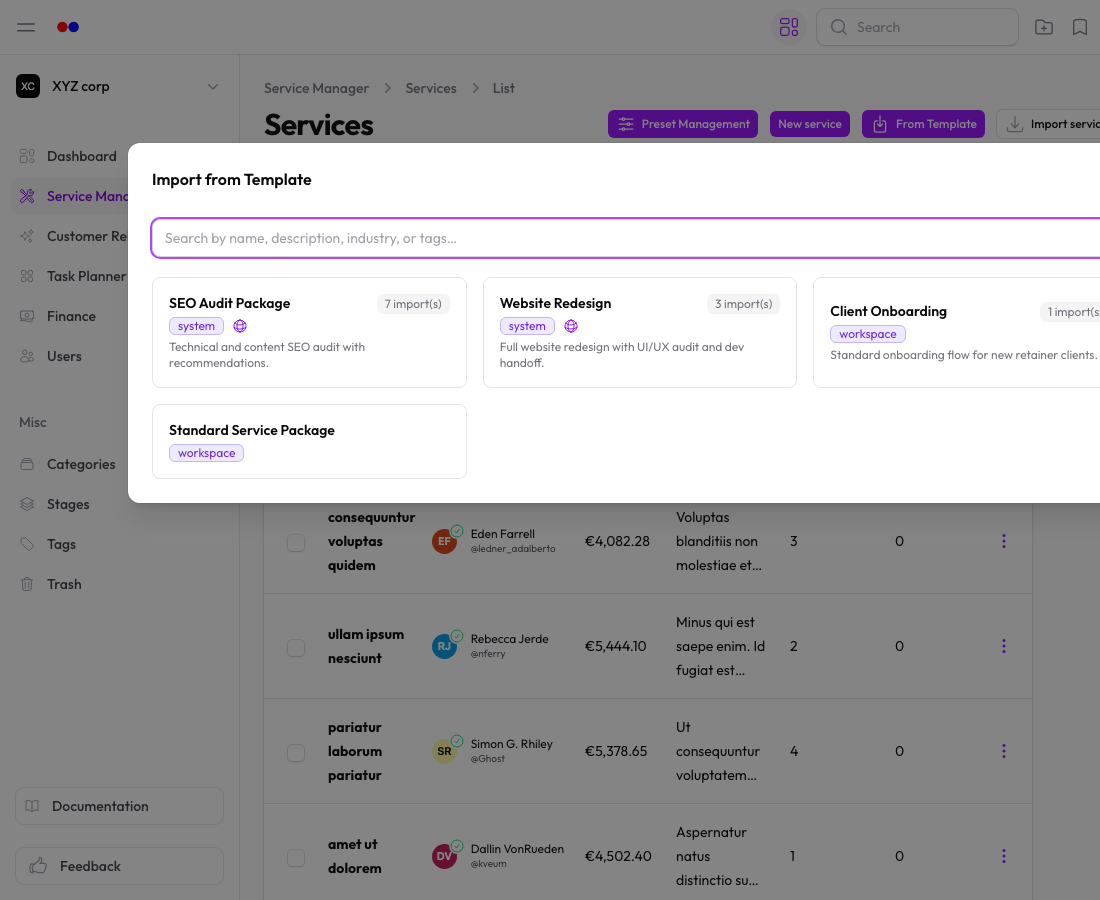 Templates browser showing system, workspace, and community template cards