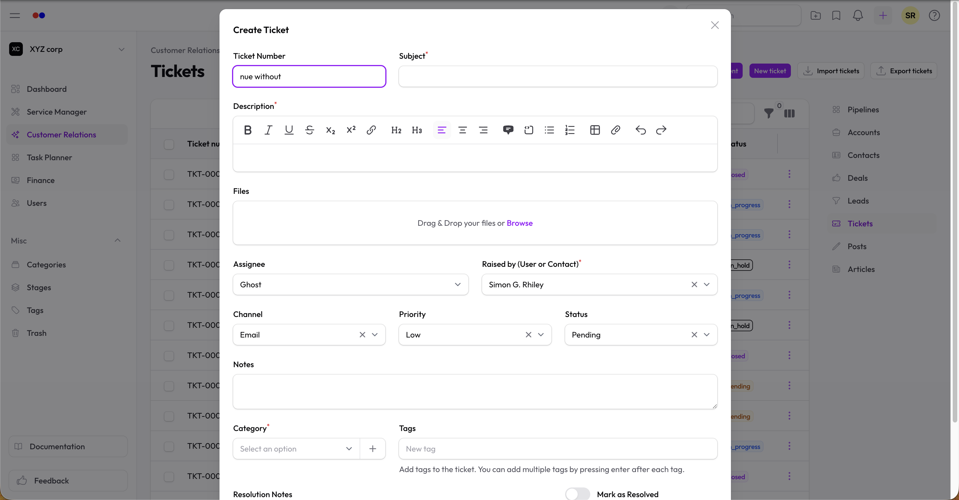 New ticket form with all fields visible