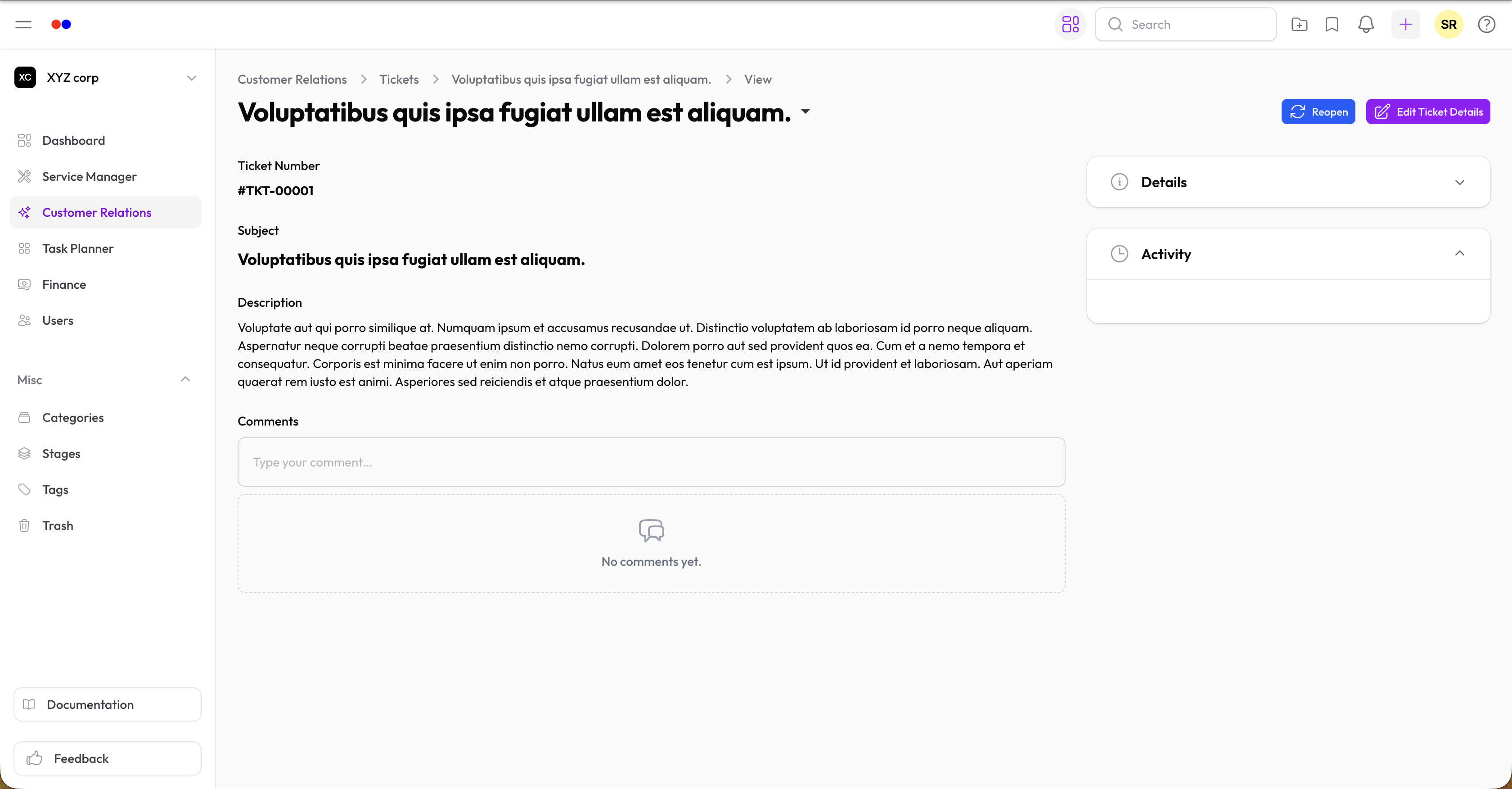 Ticket view with comments and resolution notes section