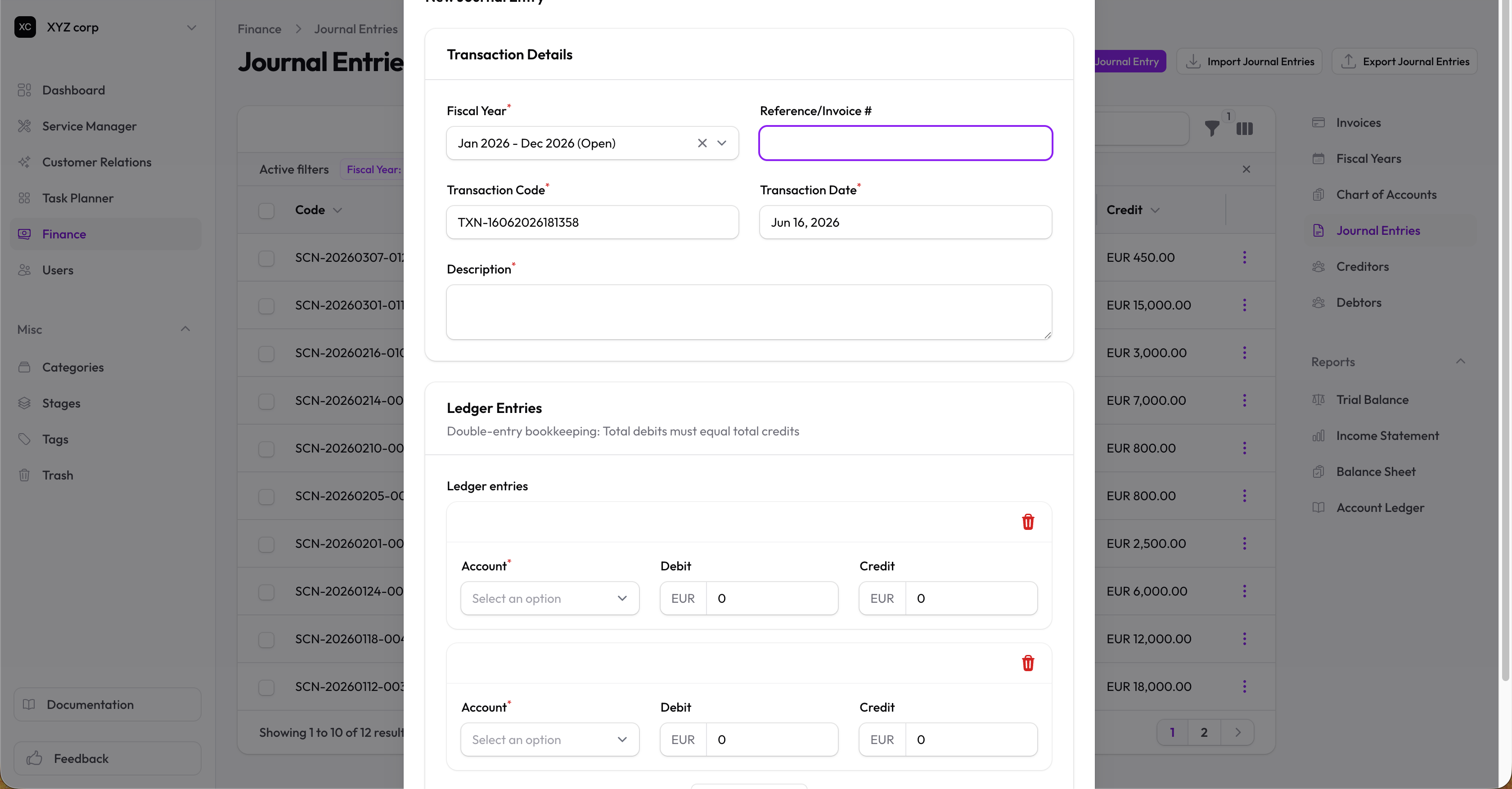 New transaction form with debit/credit journal entry lines