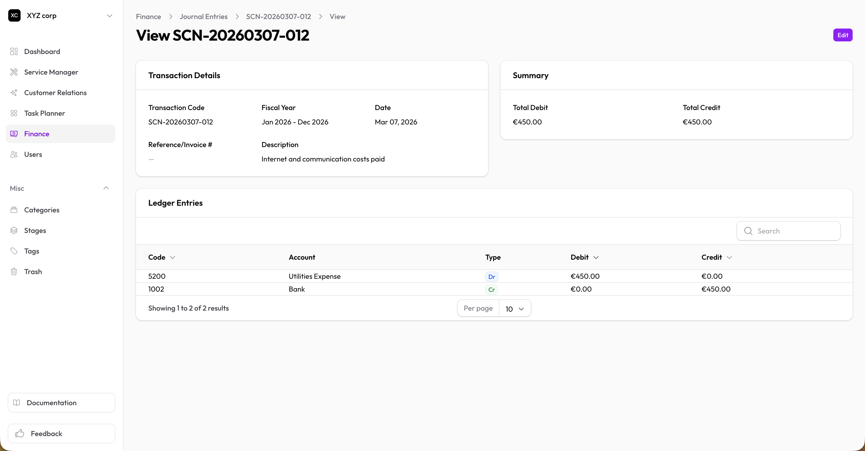 Transaction view with ledger entries table