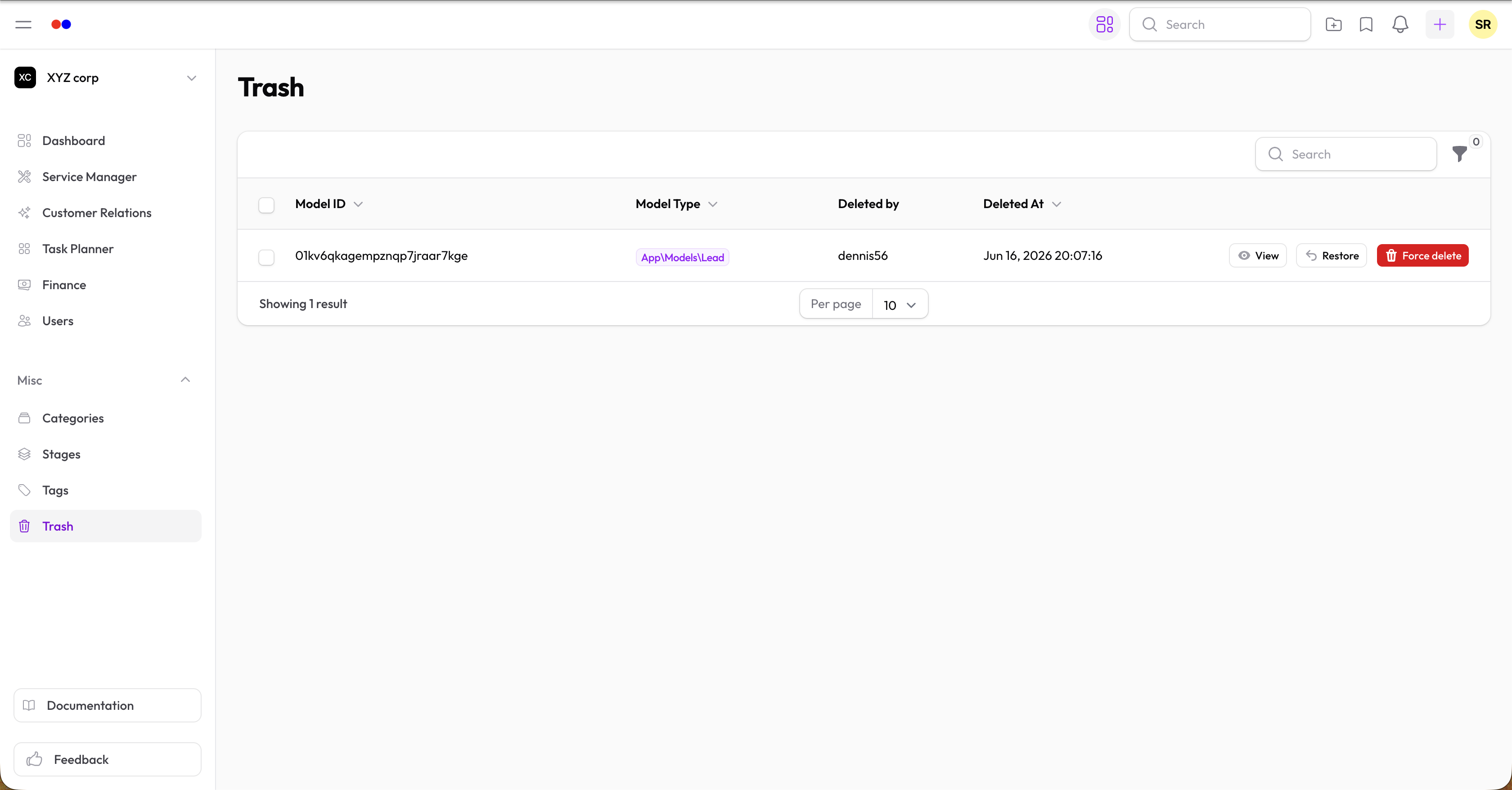 Trash list showing soft-deleted records with Restore and Force Delete actions