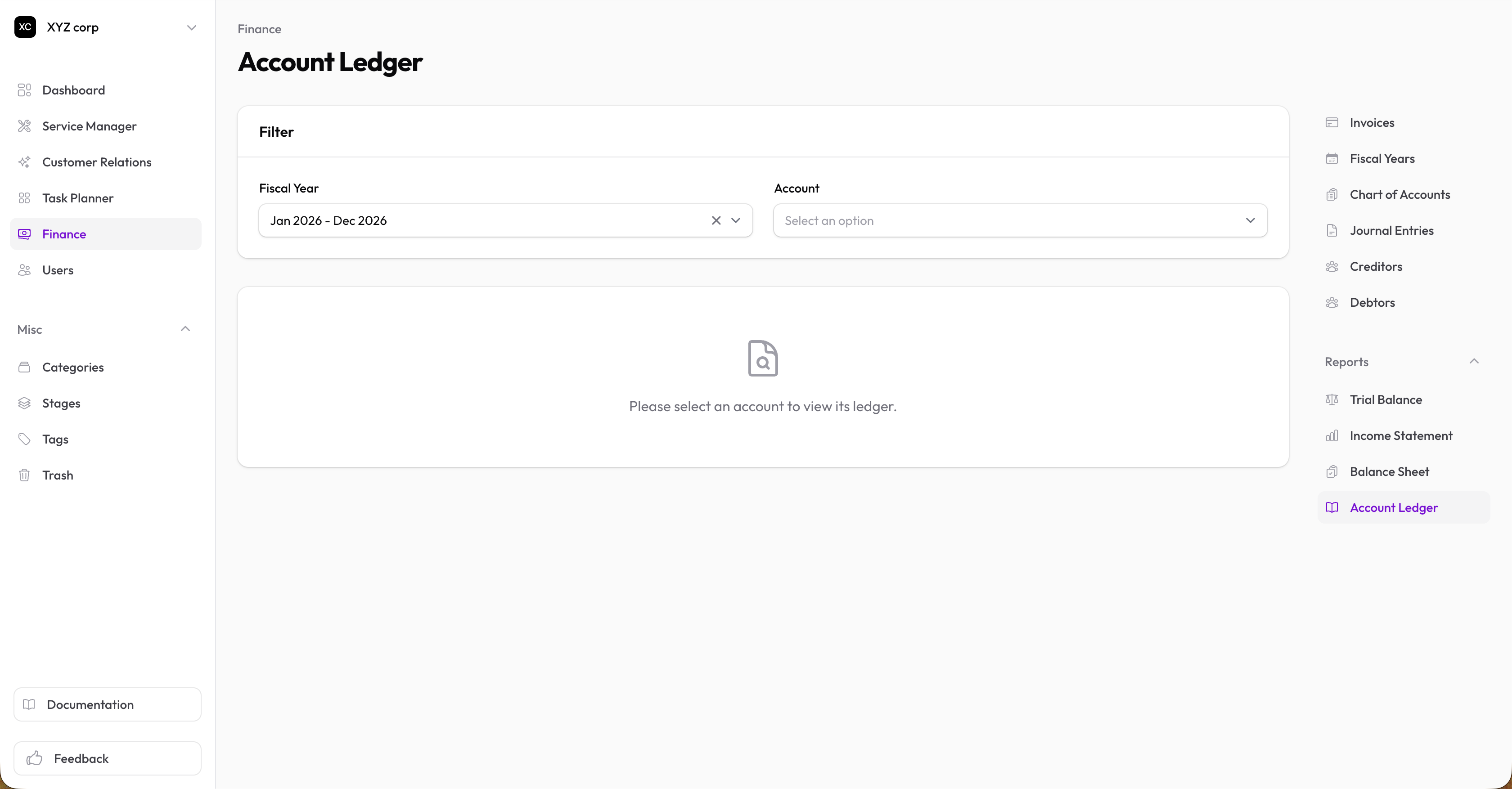 Account ledger with transaction history and running balance column