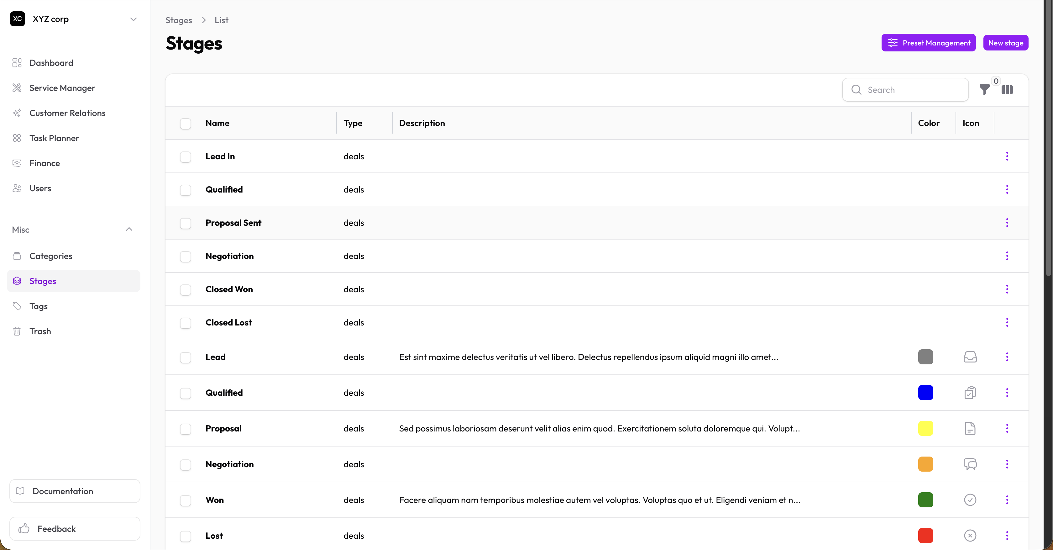Categories list with type badge and color/icon swatches