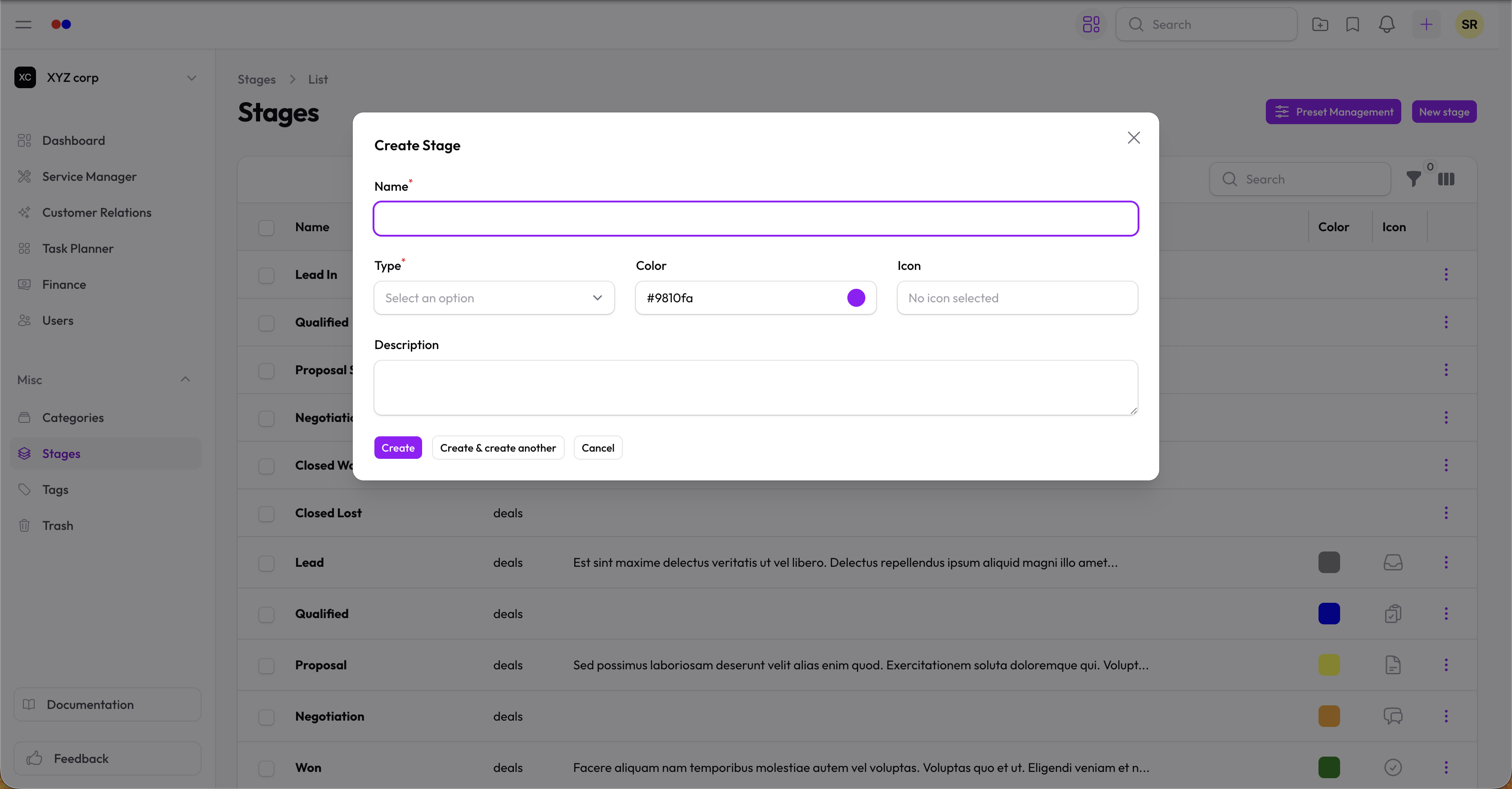 Category form with type select, name, color, and icon fields